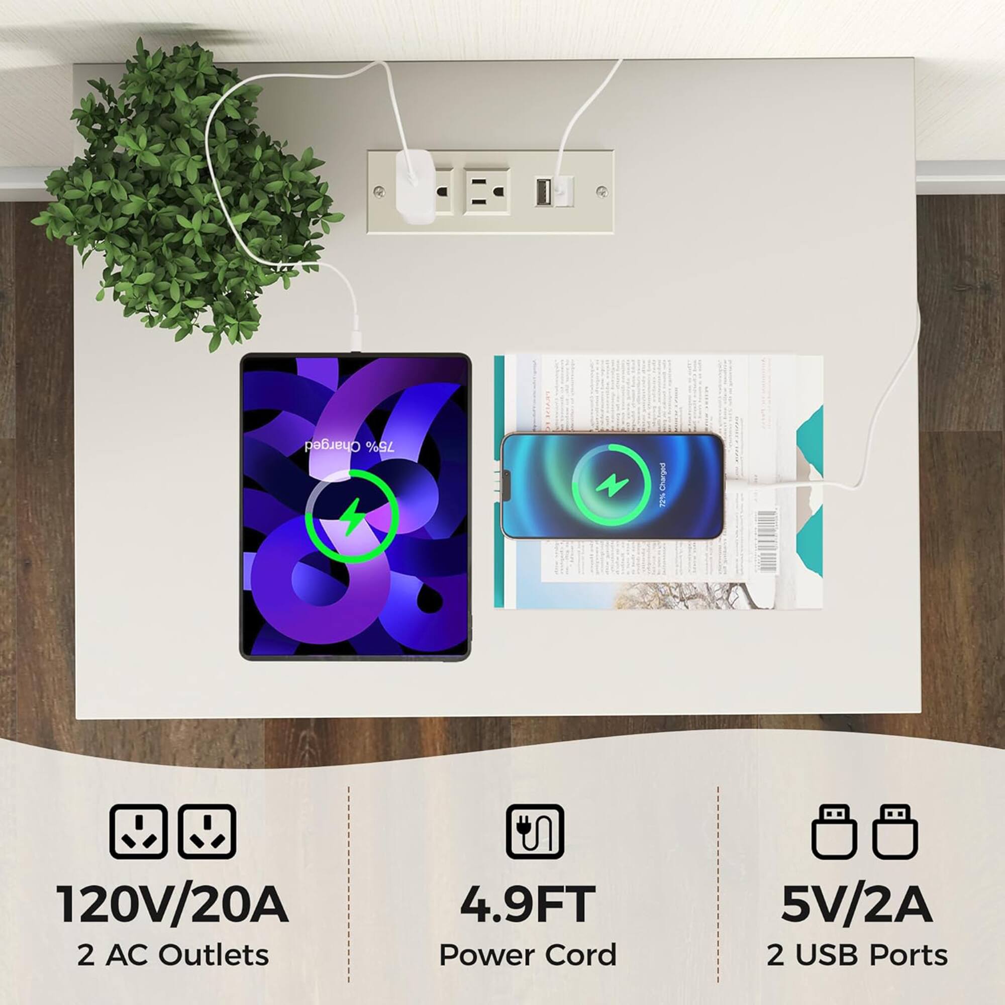 Charged 75%  
Charama  
120V/20A  
2 AC Outlets  
4.9FT Power Cord  
5V/2A  
2 USB Ports