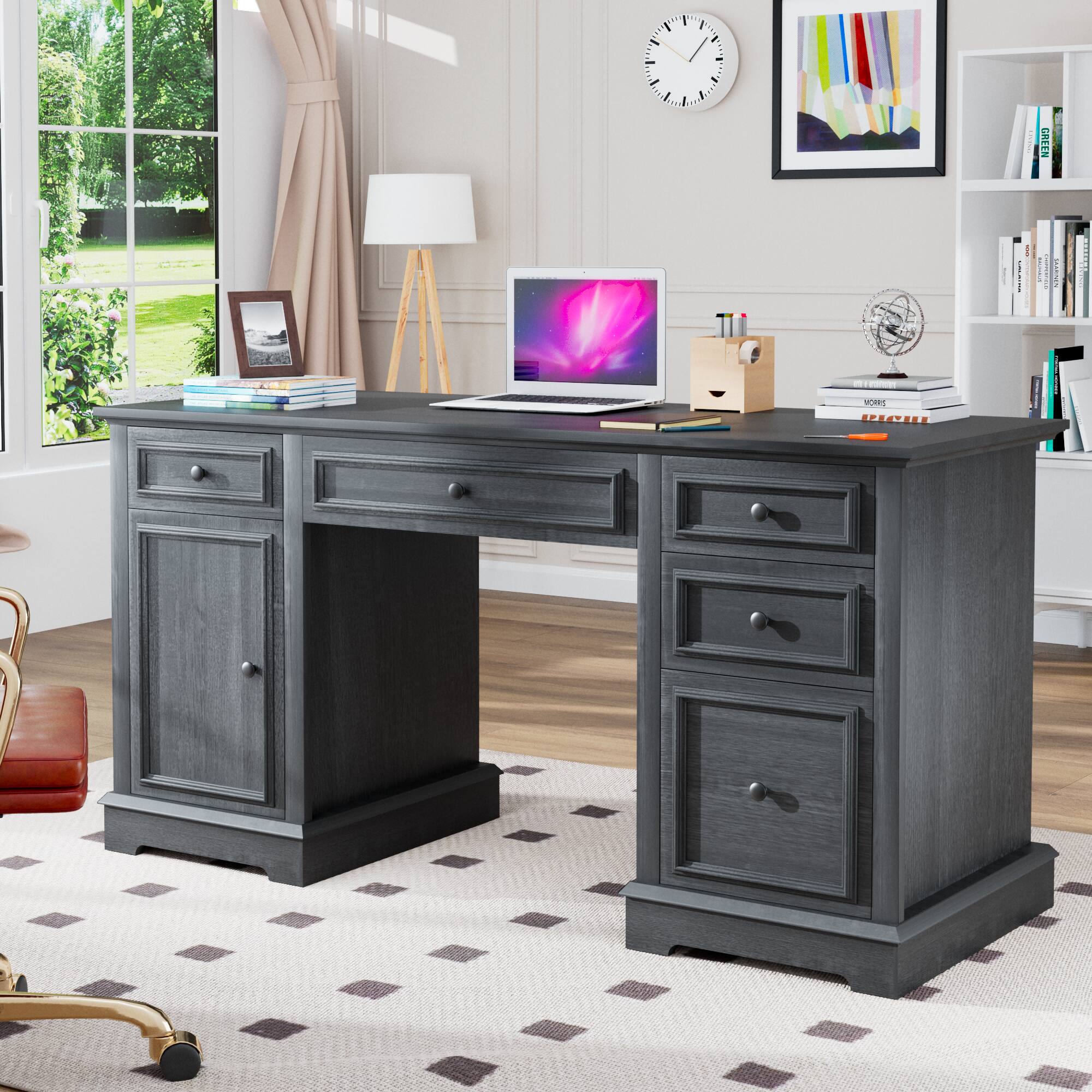 Dyonery - 60" Desk,Wood Computer Office Desk with Drawers & Cabinet, Large Capacity Home Office Desk Workstation - Brown