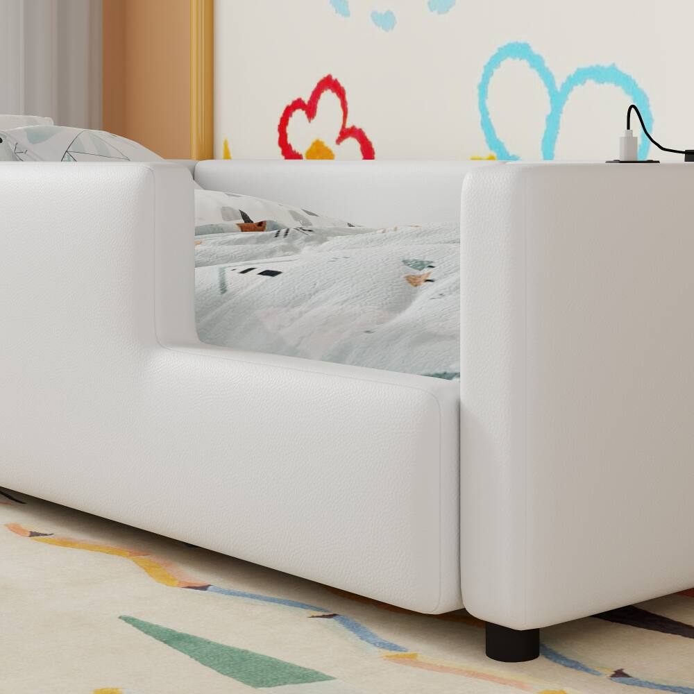 Alt View 2. Loheer - Loheer Twin Upholstered Platform Bed White Twin Bed with Guardrail and Charging Station - White.