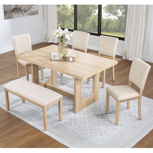 Alt View 7. LUCKY ONE - 6-Piece Dining Set, 57" Rectangular Dining Table with Bench and 4 Upholstered Chairs - Light Oak.