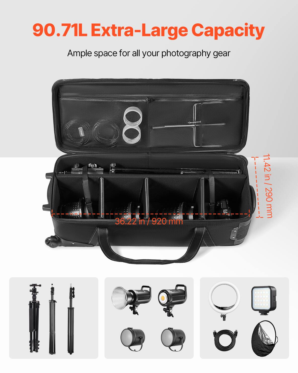 90.71L Extra-Large Capacity  
Ample space for all your photography gear  

36.22 in / 920 mm  
11.42 in / 290 mm