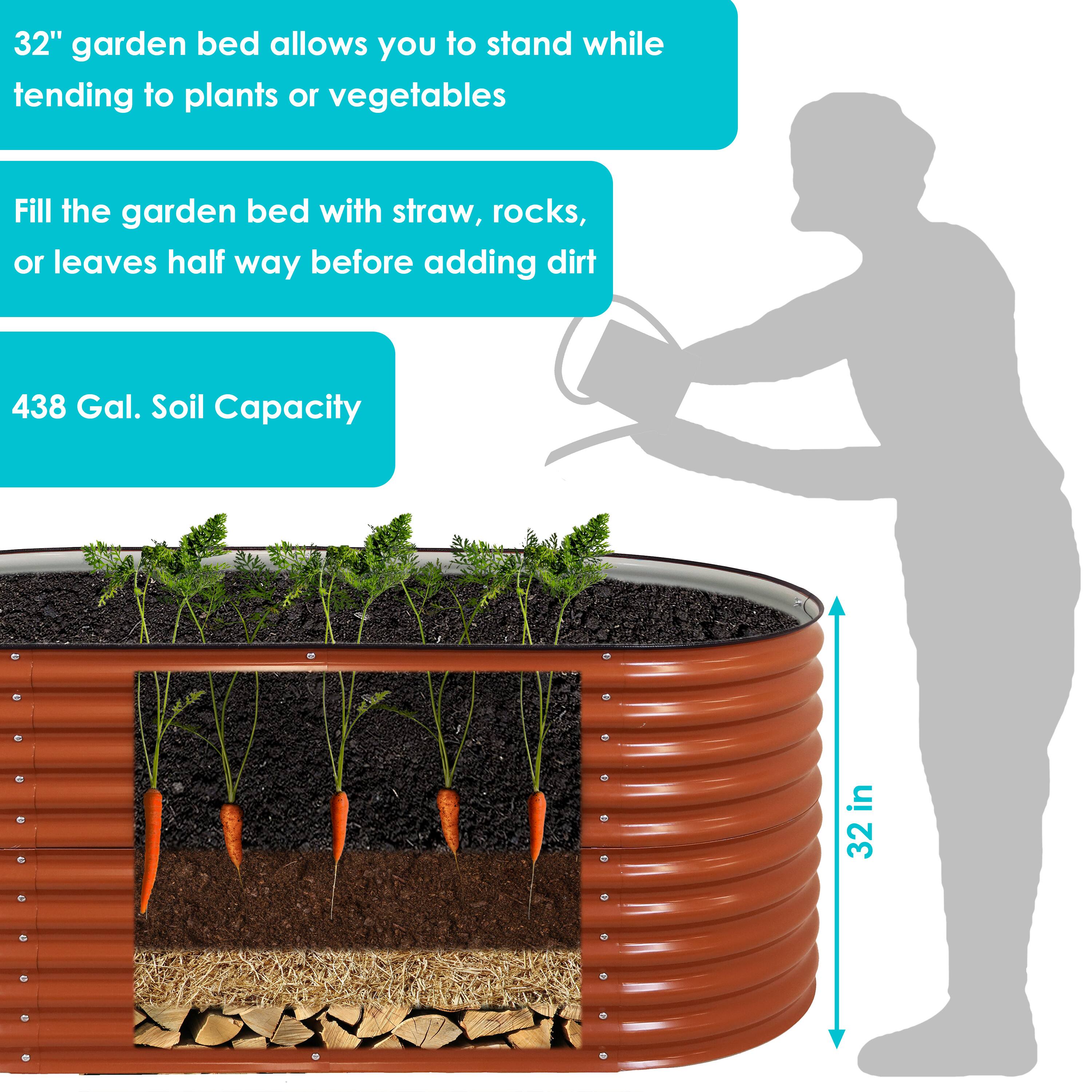 32" garden bed allows you to stand while tending to plants or vegetables

Fill the garden bed with straw, rocks, or leaves half way before adding dirt

438 Gal. Soil Capacity