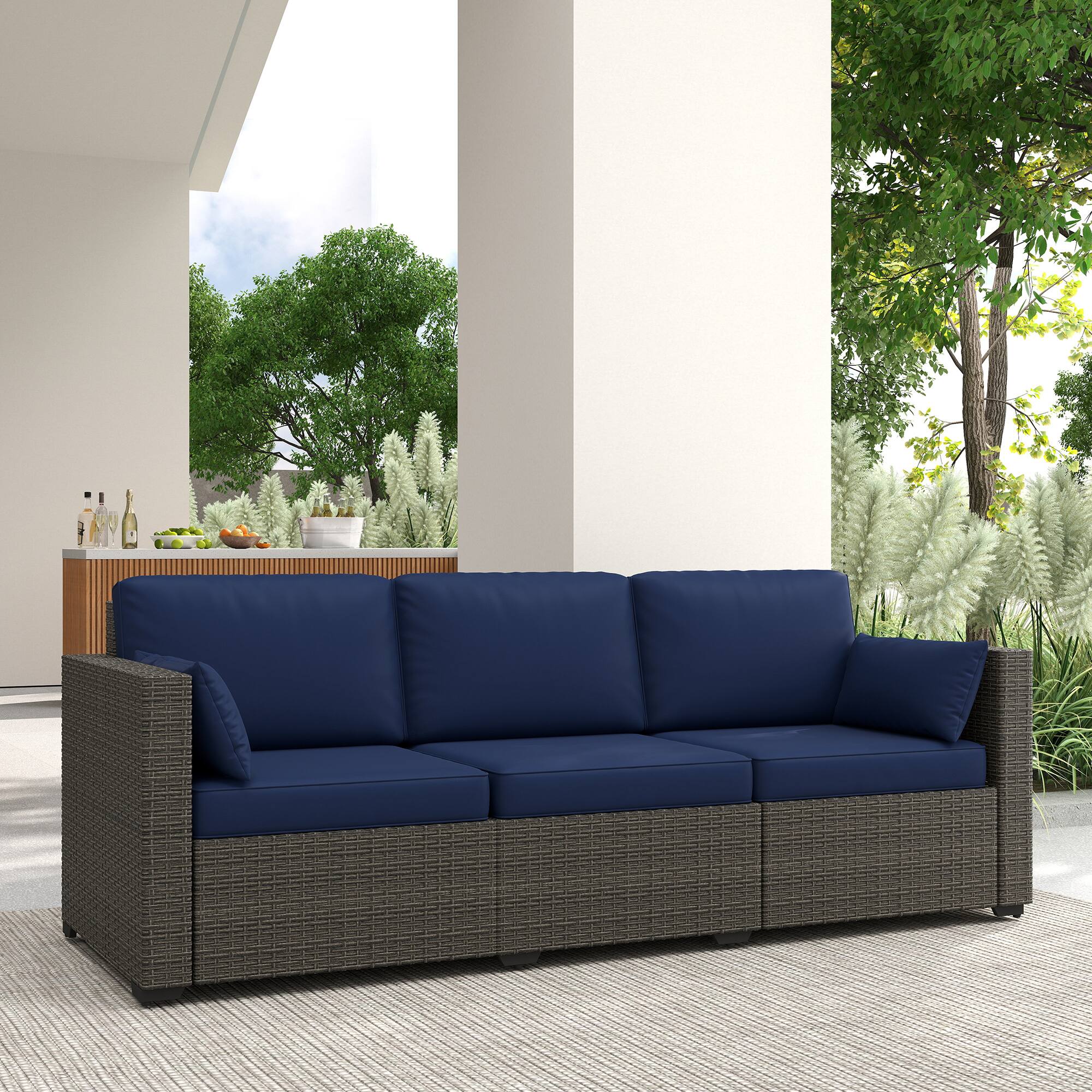 Alt View 7. Outsunny - Patio Couch PE Wicker Deep Seating Outdoor Sofa with Removable Cushions, 3 Seater Rattan Sofa, Outdoor Furniture - Navy Blue.