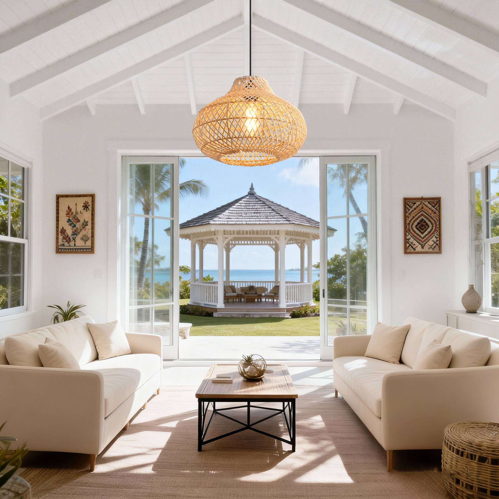 Angle. Parrot Uncle - 1-Light Boho Brown Rattan Hand-Woven Cloche Hanging Basket Pendant Light - Brown.