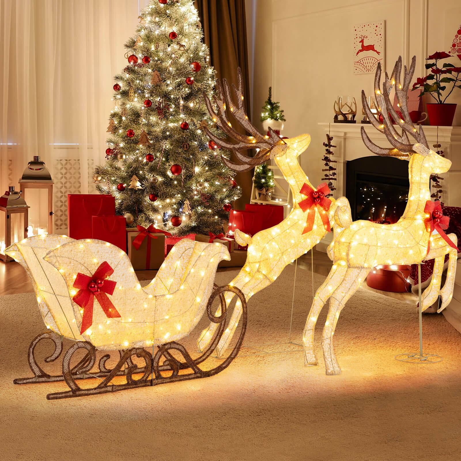 Alt View 5. Costway - Costway 3PCS Christmas Lighted Reindeer Sleigh Set with 280 White LED Lights Ground Stakes - Multicolor.
