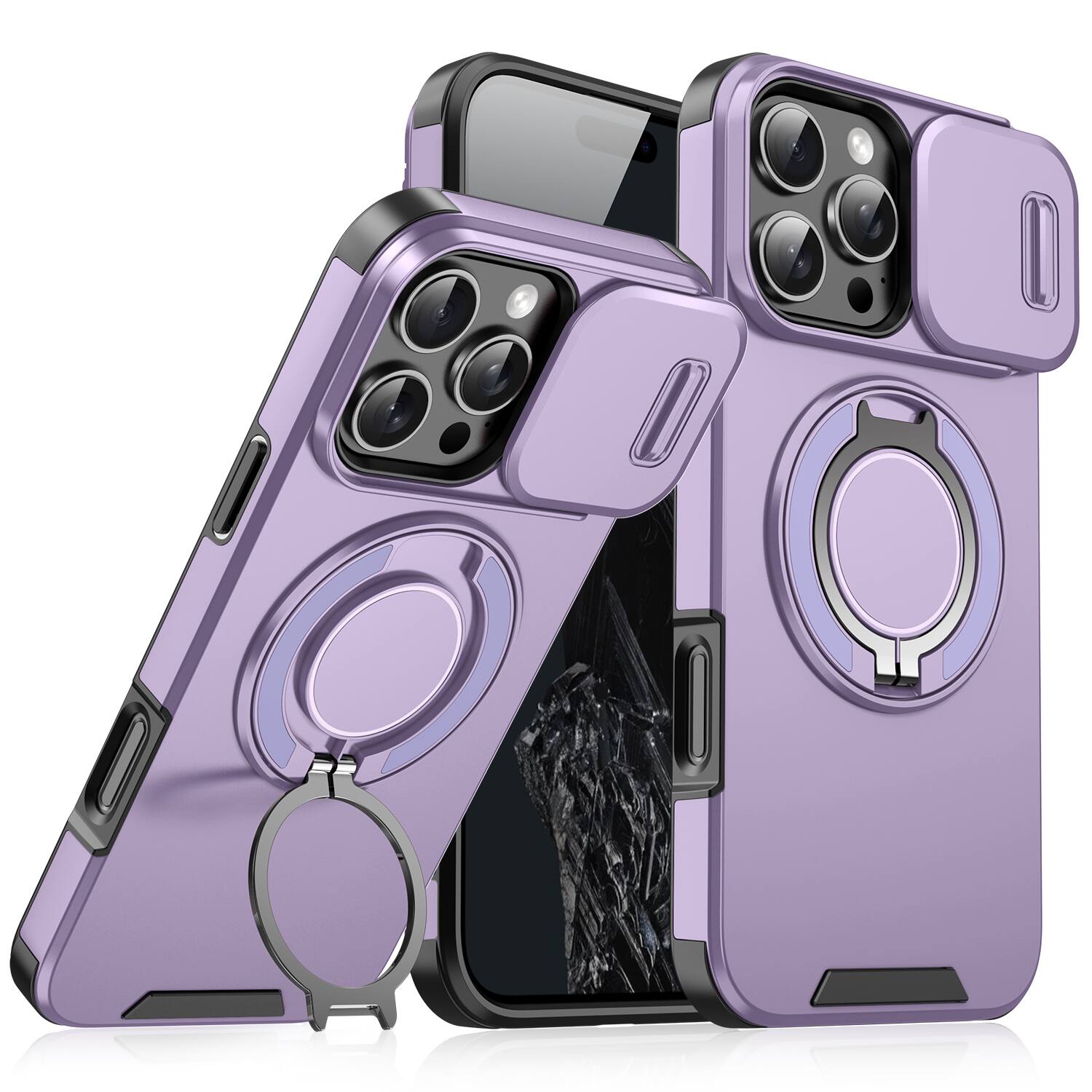 Front. Dteck - Magnetic Ring Stand Case for iPhone 17 Pro Max with Slide Lens Protection Hard Back Cover - Purple.