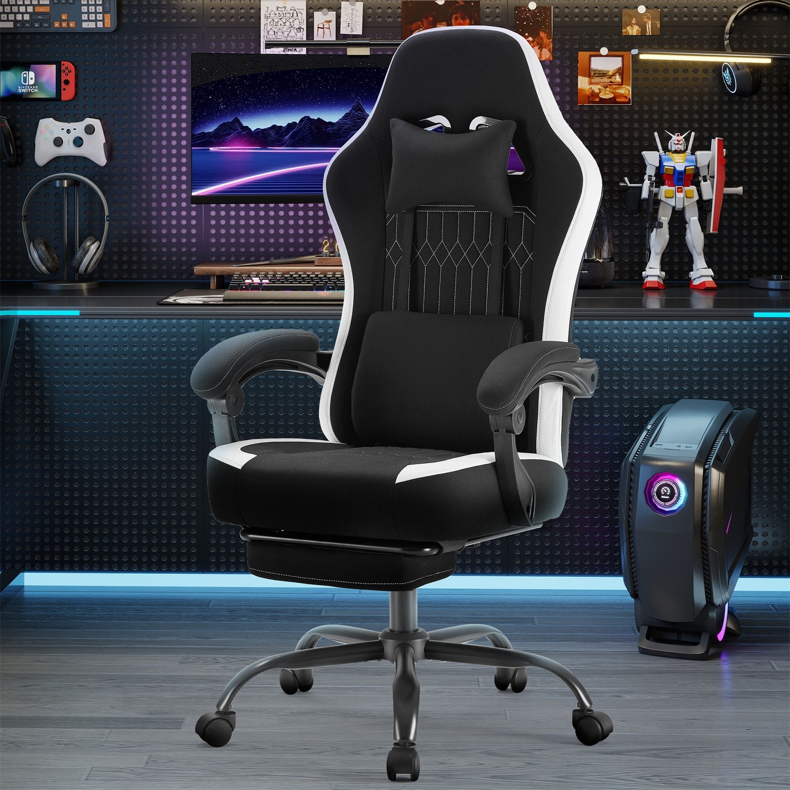 Sweet - Gaming Chair with Footrest, Ergonomic Breathable Fabric High Back Recliner with Lumbar Support - Black