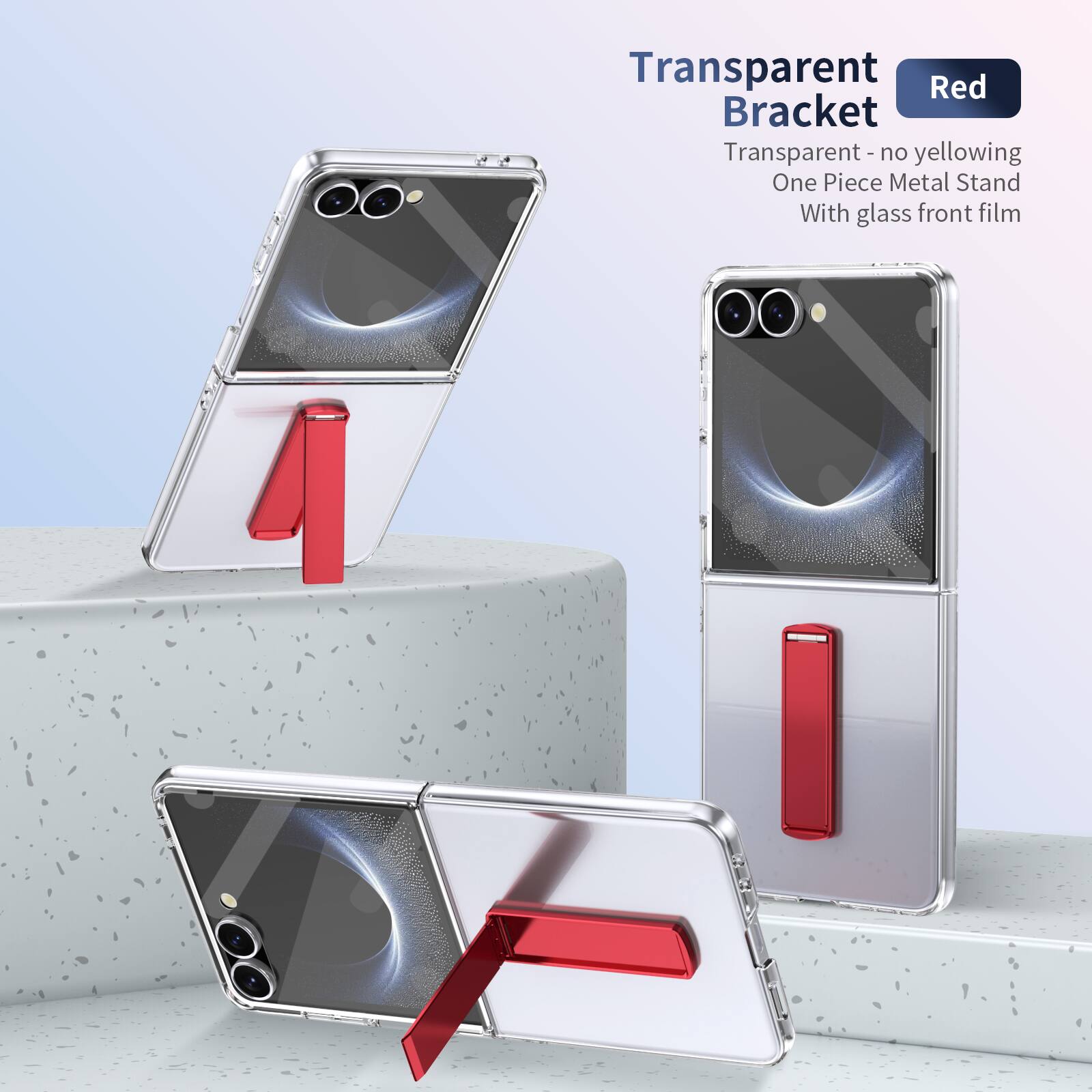 Transparent Red Bracket  
Transparent - no yellowing  
One Piece Metal Stand  
With glass front film