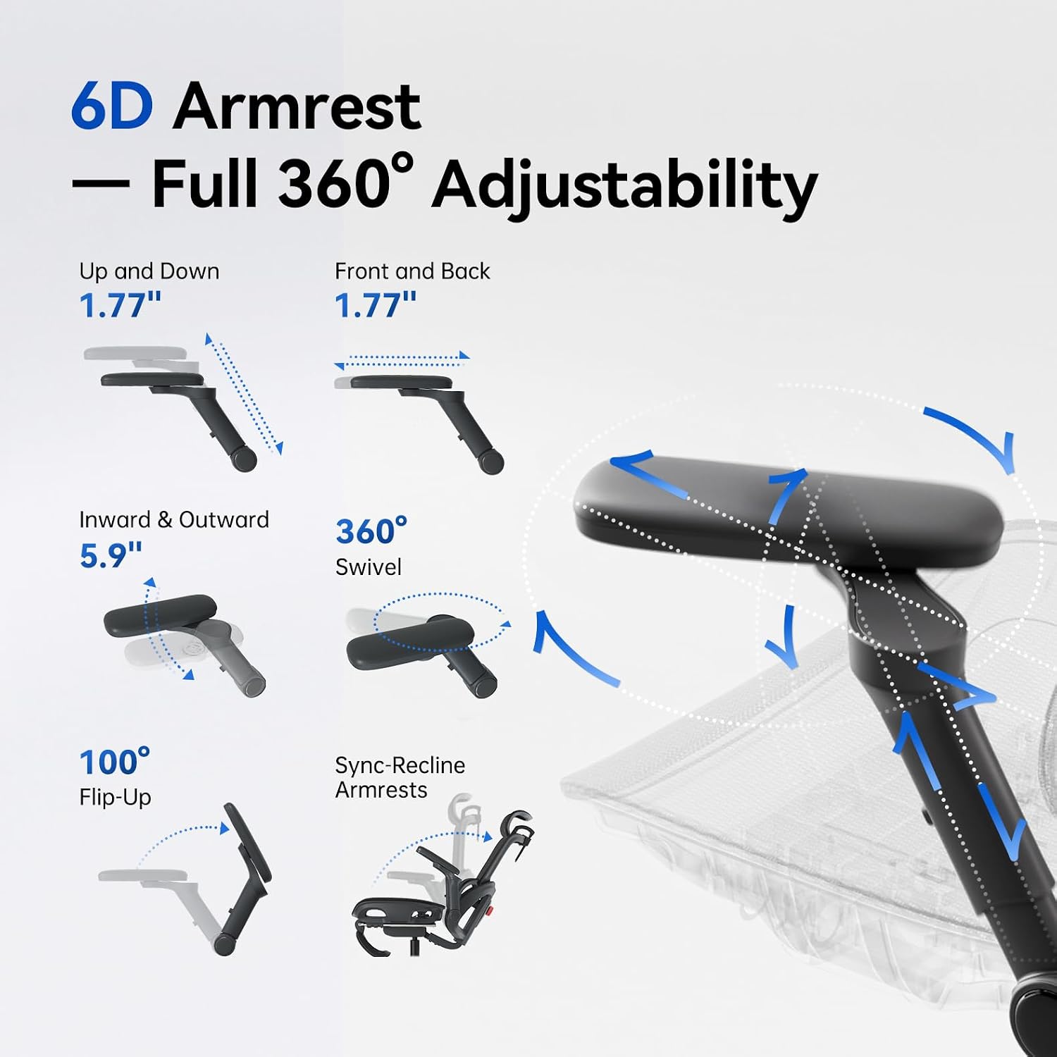 6D Armrest - Full 360° Adjustability  
Up and Down: 1.77"  
Front and Back: 1.77"  
Inward & Outward: 5.9"  
360° Swivel  
100° Flip-Up  
Sync-Recline Armrests