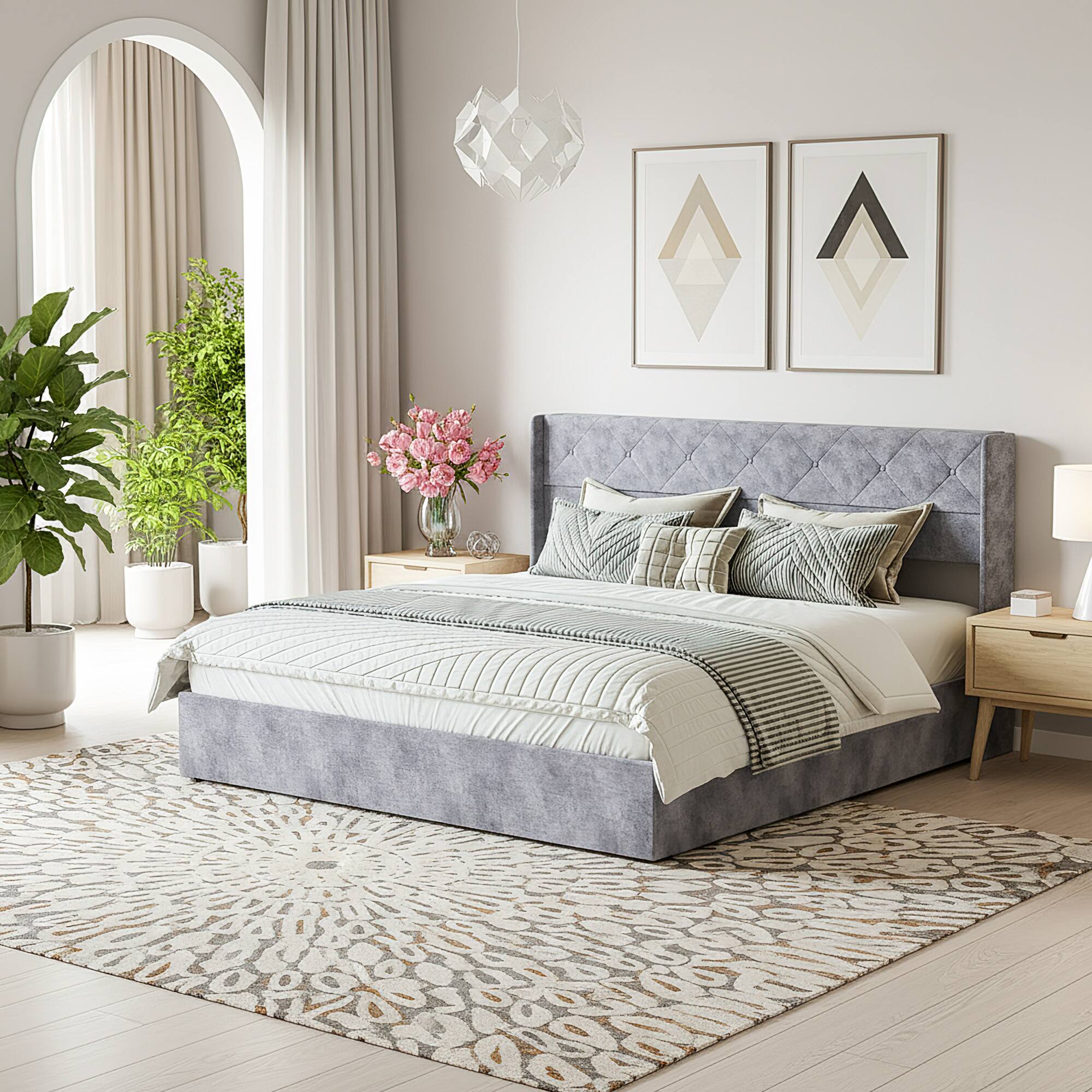 Left. AENKYO - King Size Bed Frame with Lift-Up Storage Upholstered Platform Bed No Box Spring Needed/Easy Assembly - Gray.