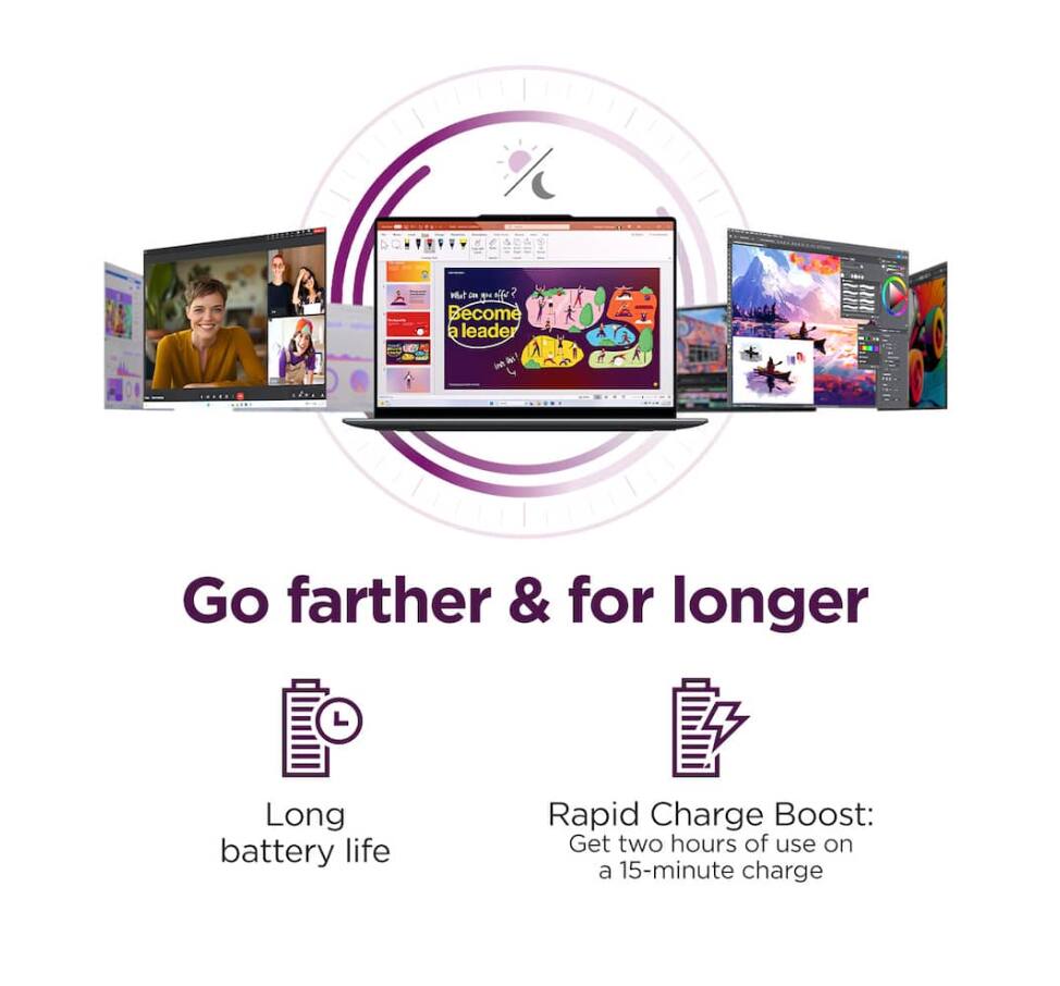 Go farther & for longer

Long battery life

Rapid Charge Boost: Get two hours of use on a 15-minute charge