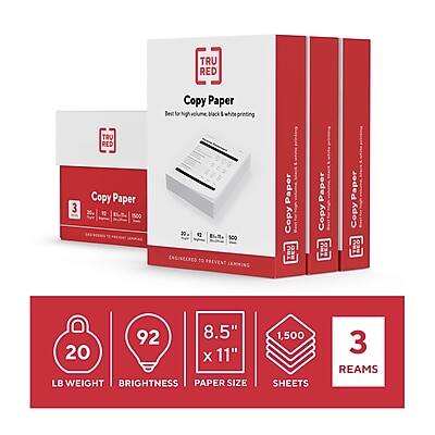 TRU RED Copy Paper  
Best for high-volume, black & white printing  

TRU RED Copy Paper  
20 LB WEIGHT  
92 BRIGHTNESS  
8.5" x 11" PAPER SIZE  
1,500 SHEETS  
3 REAMS  

Best for high-volume, black & white printing