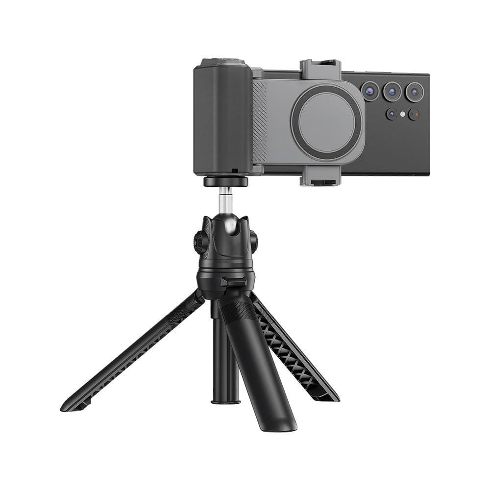 Alt View 6. COTTAGE - Travel Phone Camera Grip Smartphone Handle With Remote Cold Shoe Adapter For Pro Max S24 S25 Holder Vlog Se... - Clip on Phone Camera Grip Black.