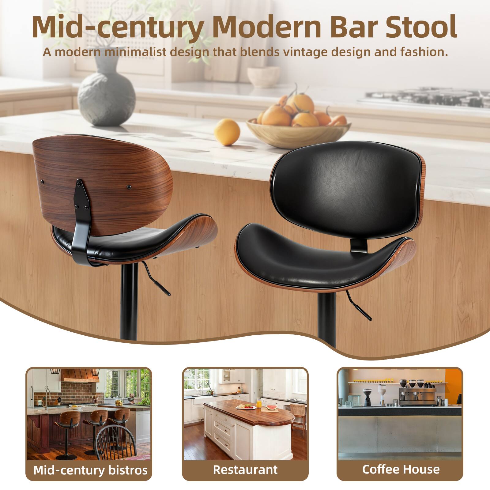 Mid-century Modern Bar Stool  
A modern minimalist design that blends vintage design and fashion.  

Mid-century bistros  
Restaurant  
Coffee House