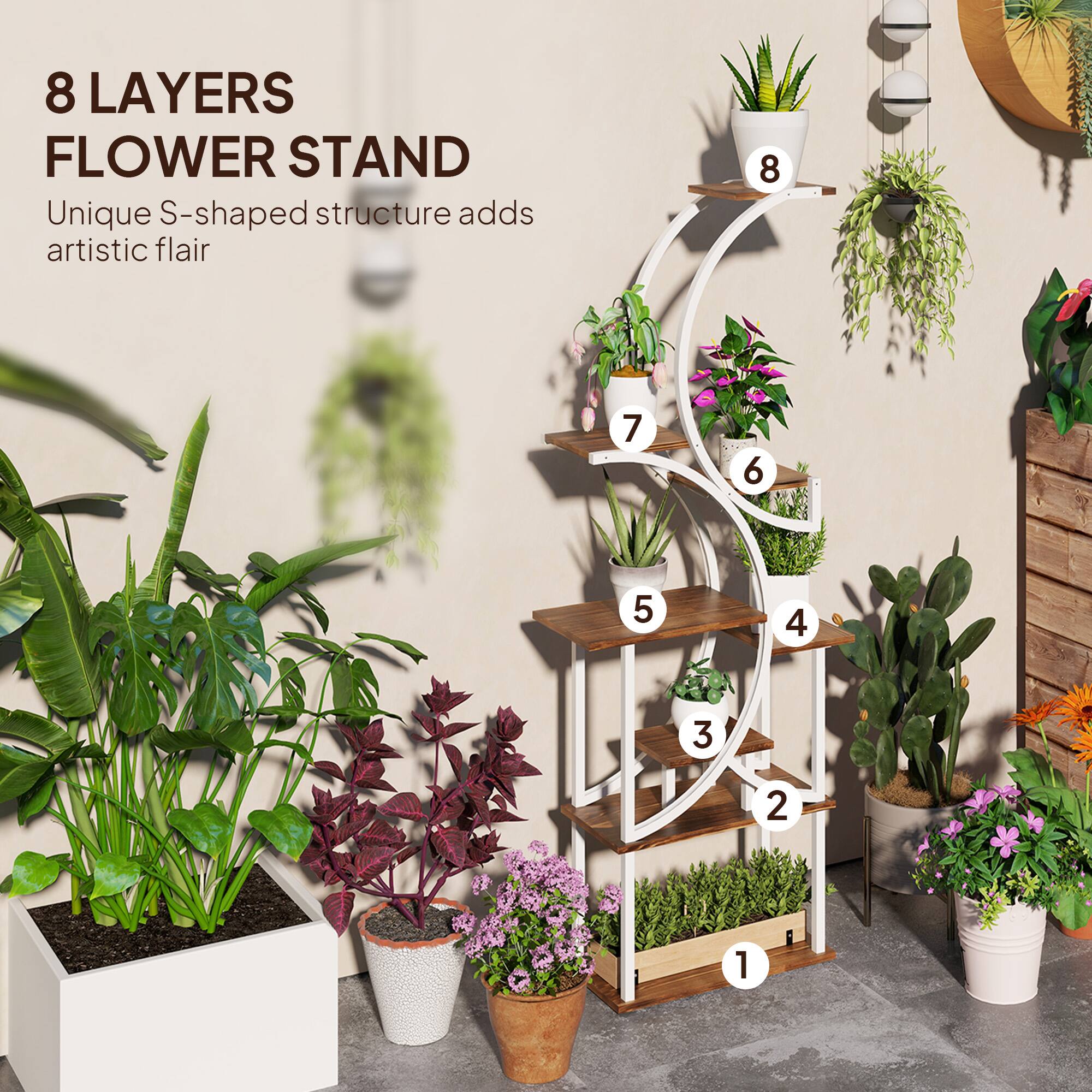 8 LAYERS FLOWER STAND  
Unique S-shaped structure adds artistic flair  

8  
7  
6  
5  
4  
3  
2  
1