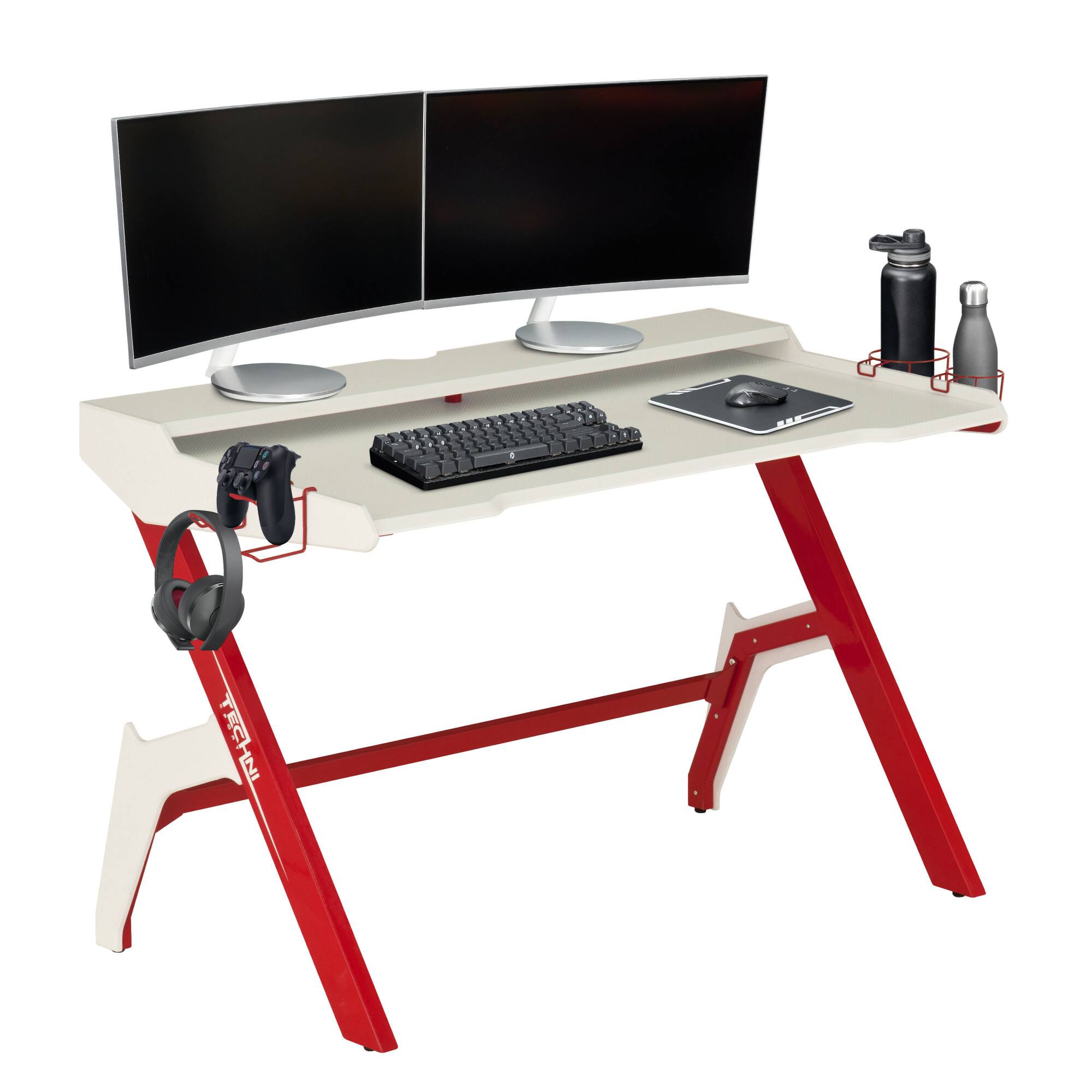 Angle. GOODSILO - Ergonomic Gaming Desk Workstation with Cupholder and Headphone Hook for Enhanced Gaming Experience - Red.