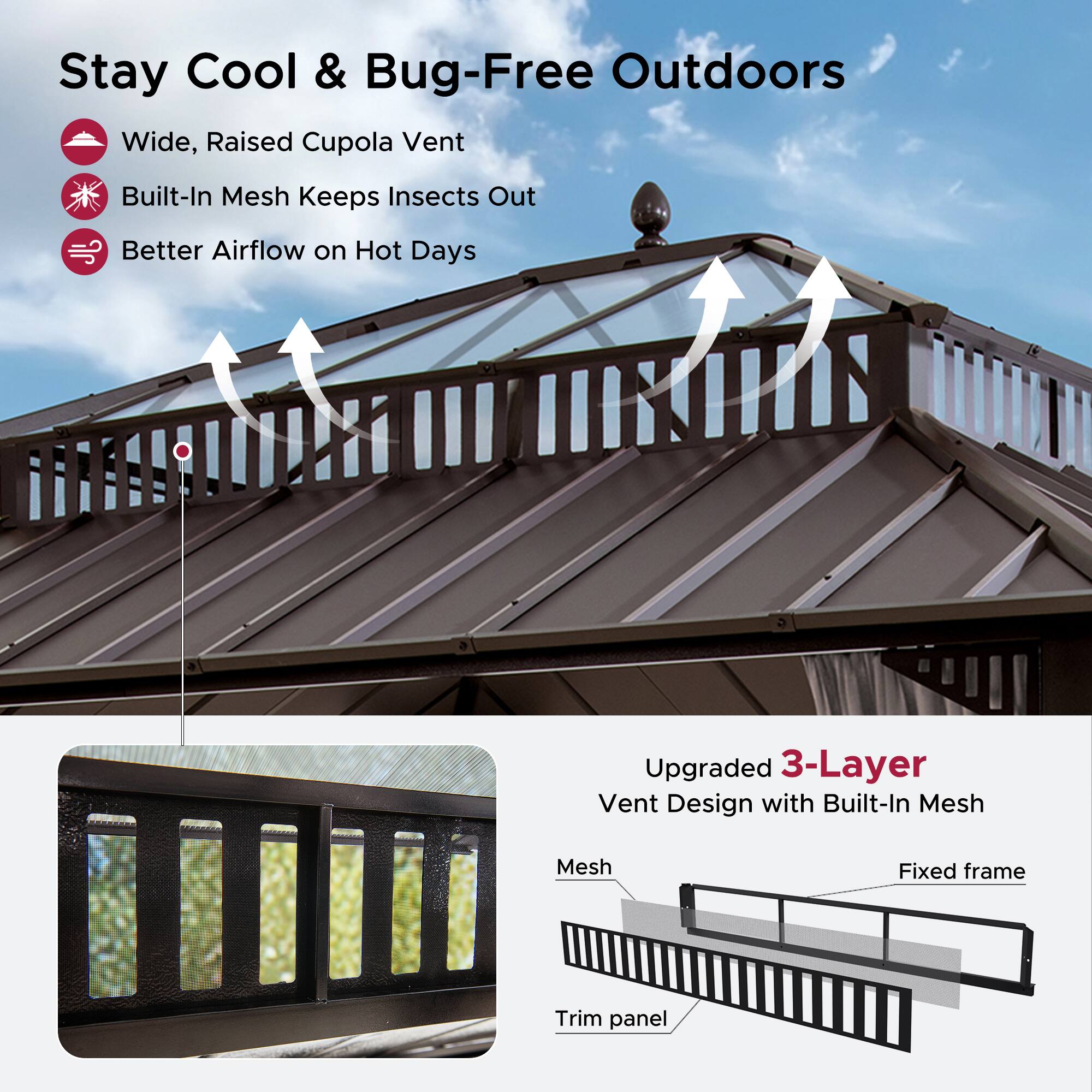 Stay Cool & Bug-Free Outdoors

- Wide, Raised Cupola Vent
- Built-In Mesh Keeps Insects Out
- Better Airflow on Hot Days

Upgraded 3-Layer Vent Design with Built-In Mesh

- Mesh
- Fixed frame
- Trim panel