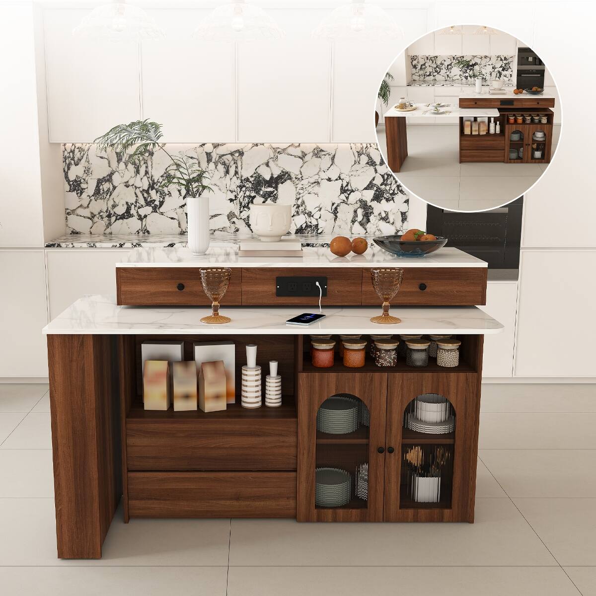 Left. Loheer - Kitchen Island with Extendable Rotating Table, Walnut Veneer Retro Design, Expandable Dining Station - White+Walnut.