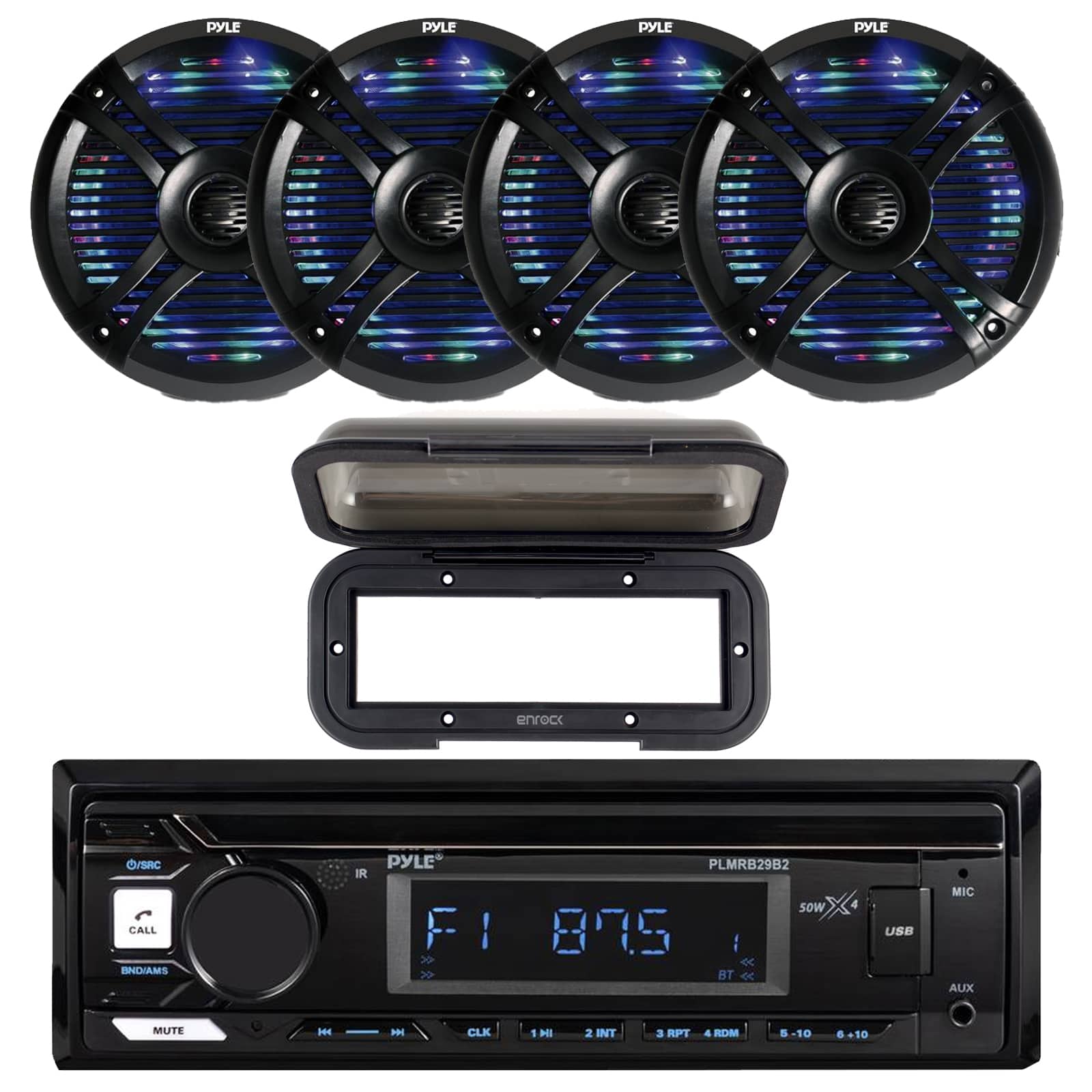 Pyle - Marine Bluetooth Stereo Receiver w/Cover, 4x 6.5" 250 Watt Max Power Dual Cone RGB LED Boat Black Speakers