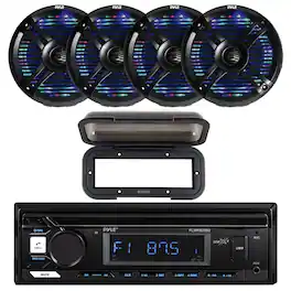 Pyle - Marine Bluetooth Stereo Receiver w/Cover, 4x 6.5" 250 Watt Max Power Dual Cone RGB LED Boat Black Speakers