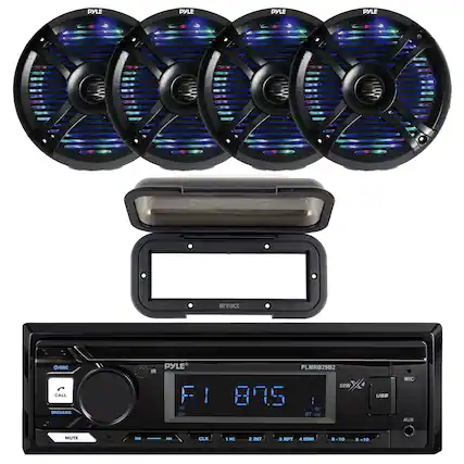 PYLE PYLE PYLE PYLE enroc O/SRC CALL SNDIAMS IR PYLE FI ! > > PLMRB29B2 sOW X 875 BT e USB MIC AUX MUTE H - CLK 1 MI 2 INT a RPT 4 RDM S -10 +10