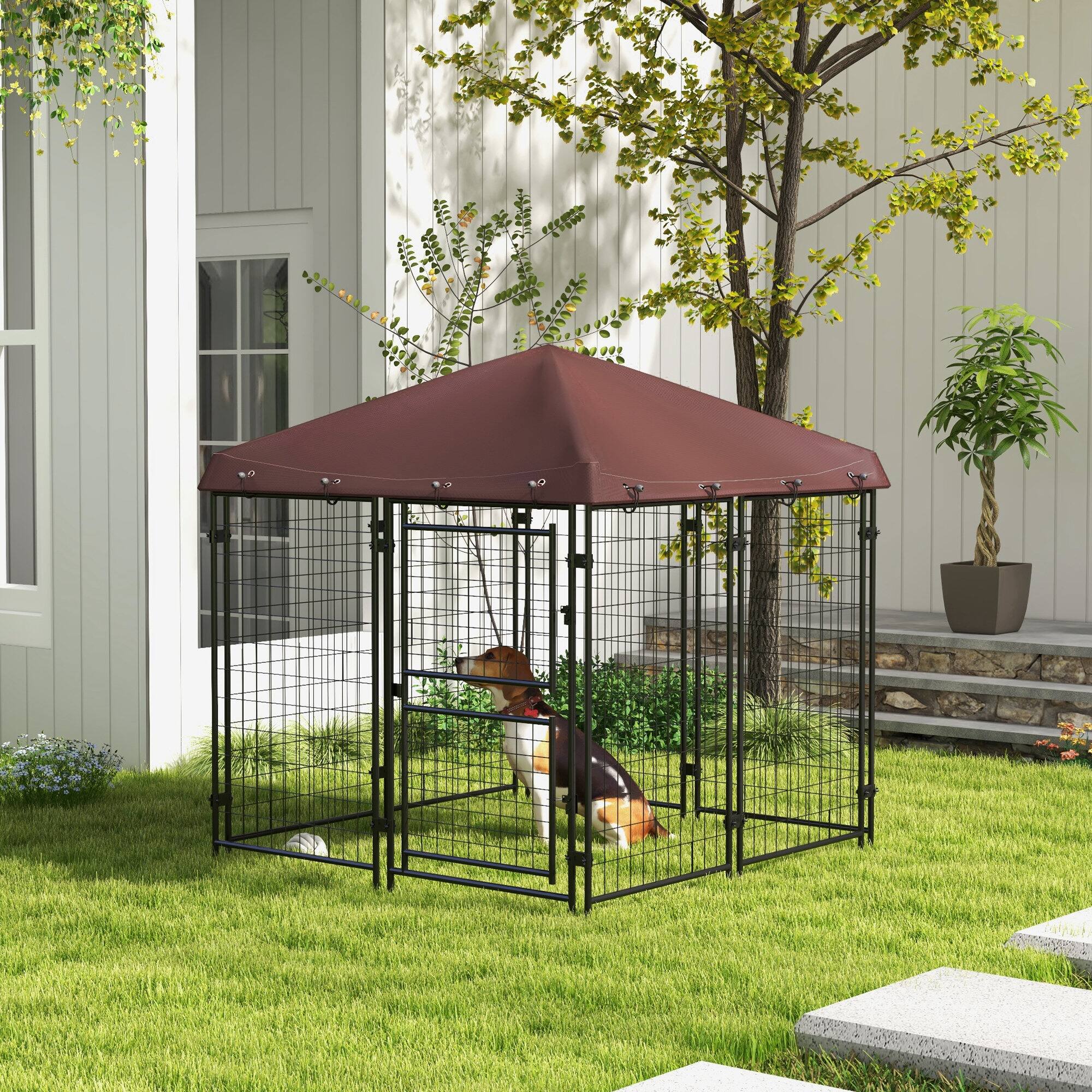 Alt View 1. Pawhut - x 4.6' x 5' Dog Kennel Outdoor with Waterproof Canopy - Brown.