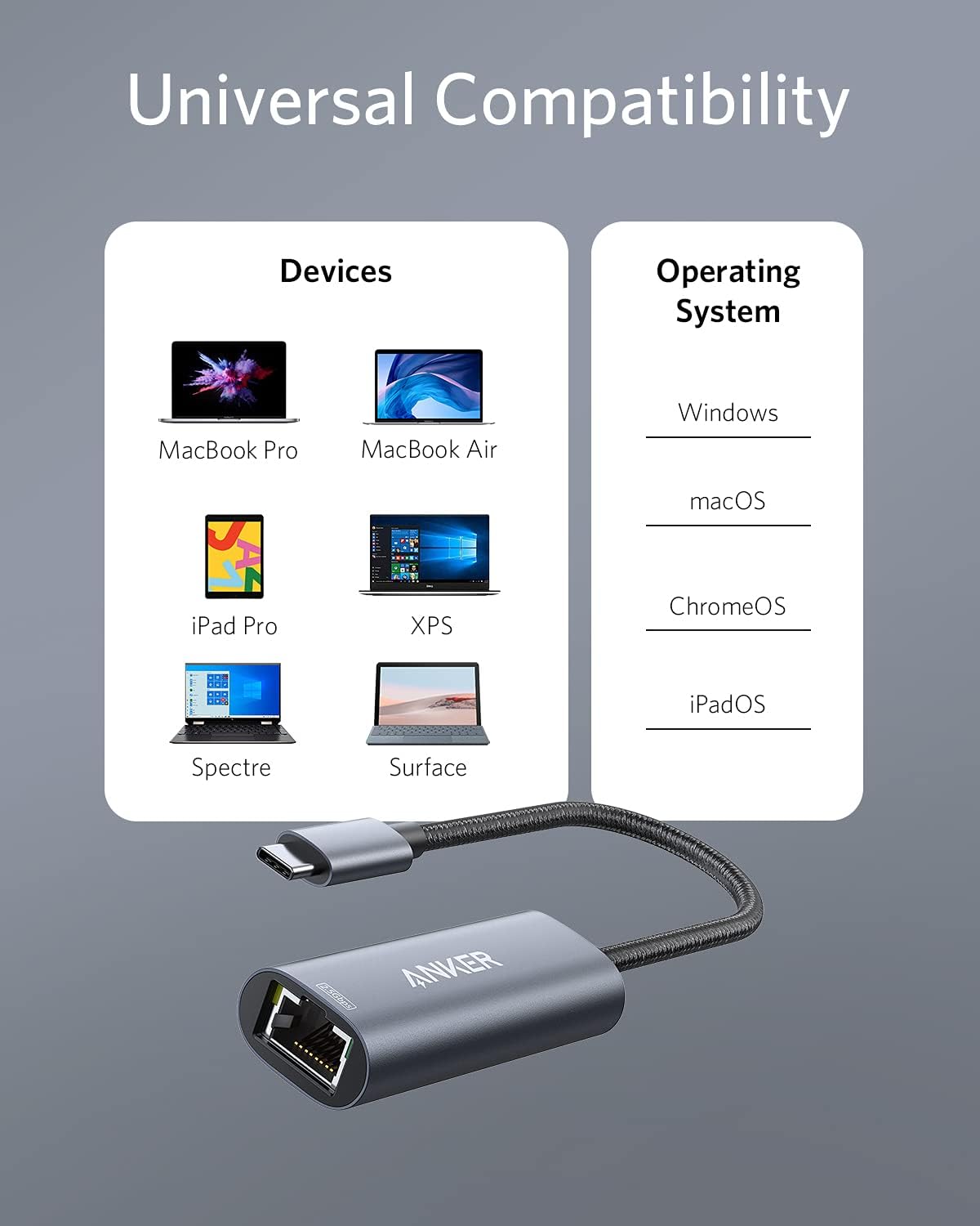 Universal Compatibility

Devices:
- MacBook Pro
- MacBook Air
- iPad Pro
- XPS
- Spectre
- Surface

Operating System:
- Windows
- macOS
- ChromeOS
- iPadOS