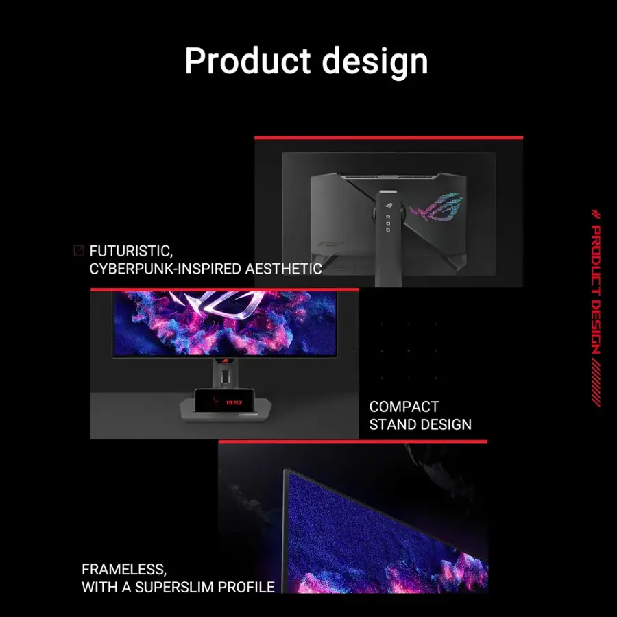 Product design: Futuristic, cyberpunk-inspired aesthetic + compact stand design.