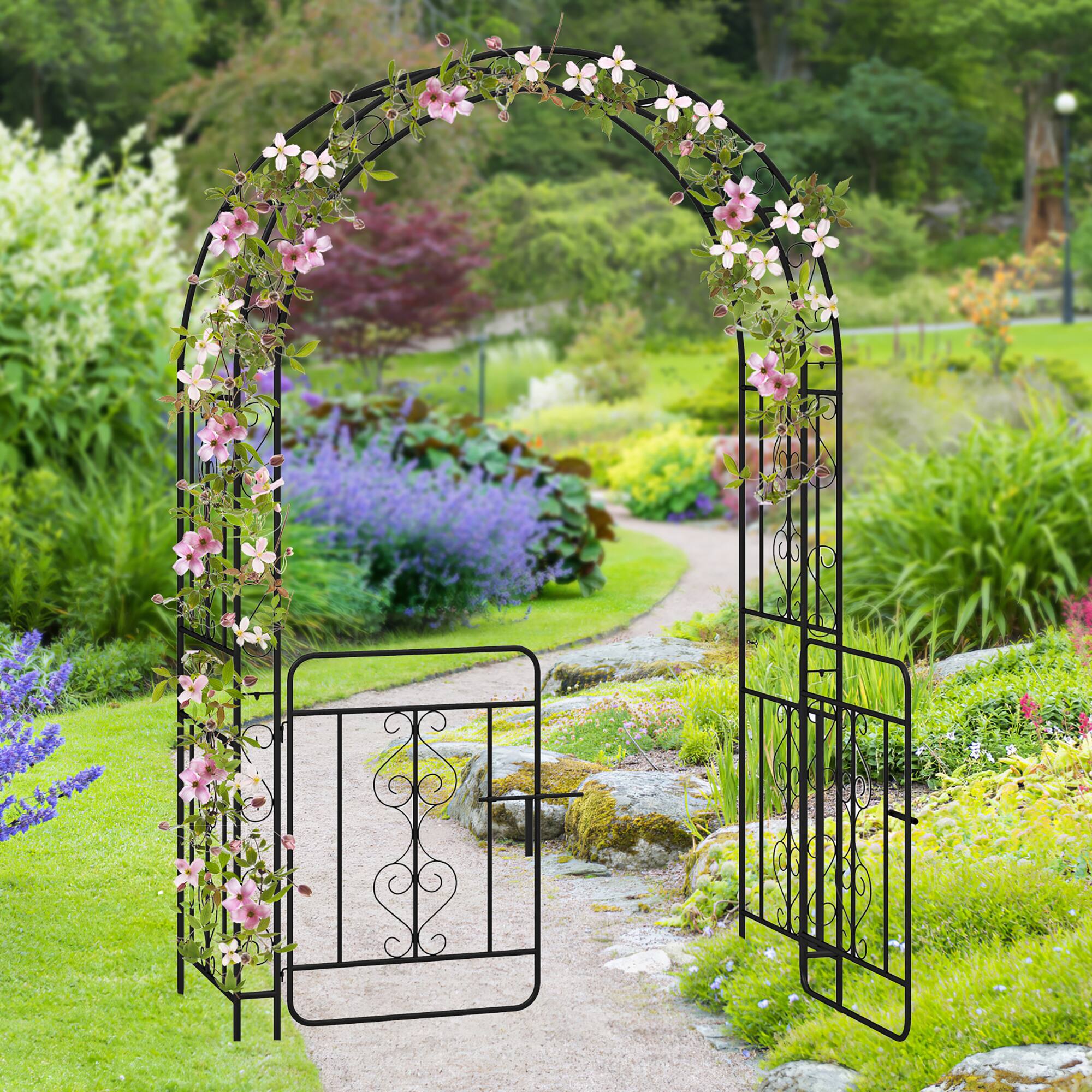Alt View 1. Gymax - Gymax 84'' No Dig Arch Trellis Heavy-duty Metal Garden Arbor w/ Lockable Gate - Black.