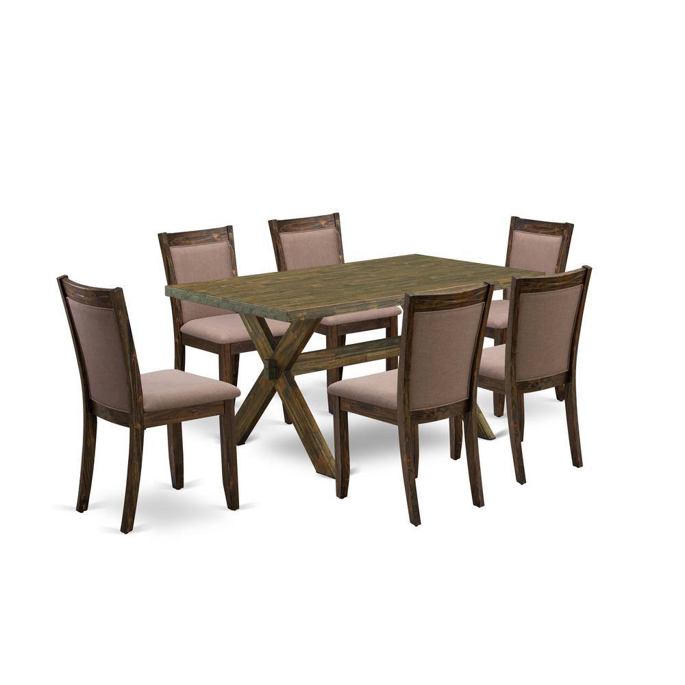 Alt View 4. East West Furniture - X776MZ748-7 - 7-Pc Modern Dining Table Set - 6 Dining Chairs and 1 Wooden Dining Table (Distressed Jacobean Finish) - Multi-Color.
