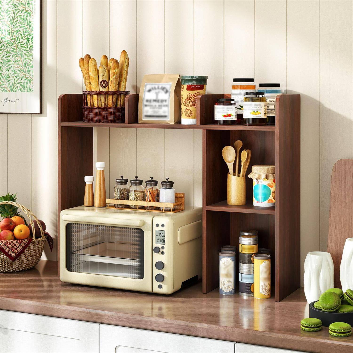 The text in the image includes:

1. On the bag of bread:
   - "BREAD"

2. On the jar of jam:
   - "JAM"

3. On the container of oats:
   - "OATS"

4. On the container of tea:
   - "TEA"

5. On the container of coffee:
   - "COFFEE"

6. On the container of sugar:
   - "SUGAR"

7. On the container of salt:
   - "SALT"

8. On the container of pepper:
   - "PEPPER"

9. On the container of spices:
   - "SPICES"

10. On the container of honey:
    - "HONEY"

11. On the container of nuts:
    - "NUTS"

12. On the container of dried fruit:
    - "DRIED FRUIT"

13. On the container of tea bags:
    - "TEA BAGS"

14. On the container of coffee beans:
    - "COFFEE BEANS"

15. On the container of sugar:
    - "SUGAR"

16. On the container of salt:
    - "SALT"

17