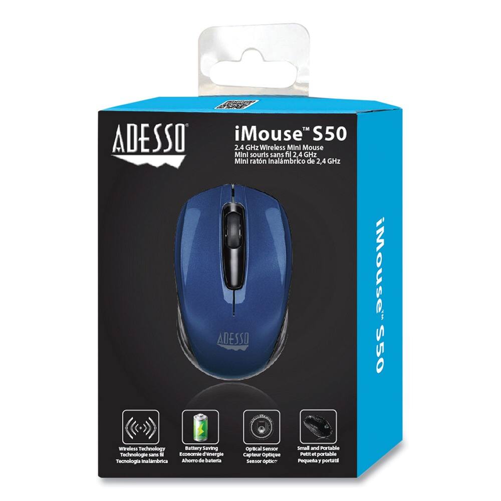 ADESSO  
iMouse™ S50  
2.4 GHz Wireless Mini Mouse  
Mini souris sans fil 2,4 GHz  
Mini ratón Inalámbrico de 2,4 GHz  

Wireless Technology  
Technologie sans fil  
Tecnología Inalámbrica  

Battery Saving  
Economie d'énergie  
Ahorro de batería  

Optical Sensor  
Capteur Optique  
Sensor óptico  

Small and Portable  
Petit et portable  
Pequeño y portátil