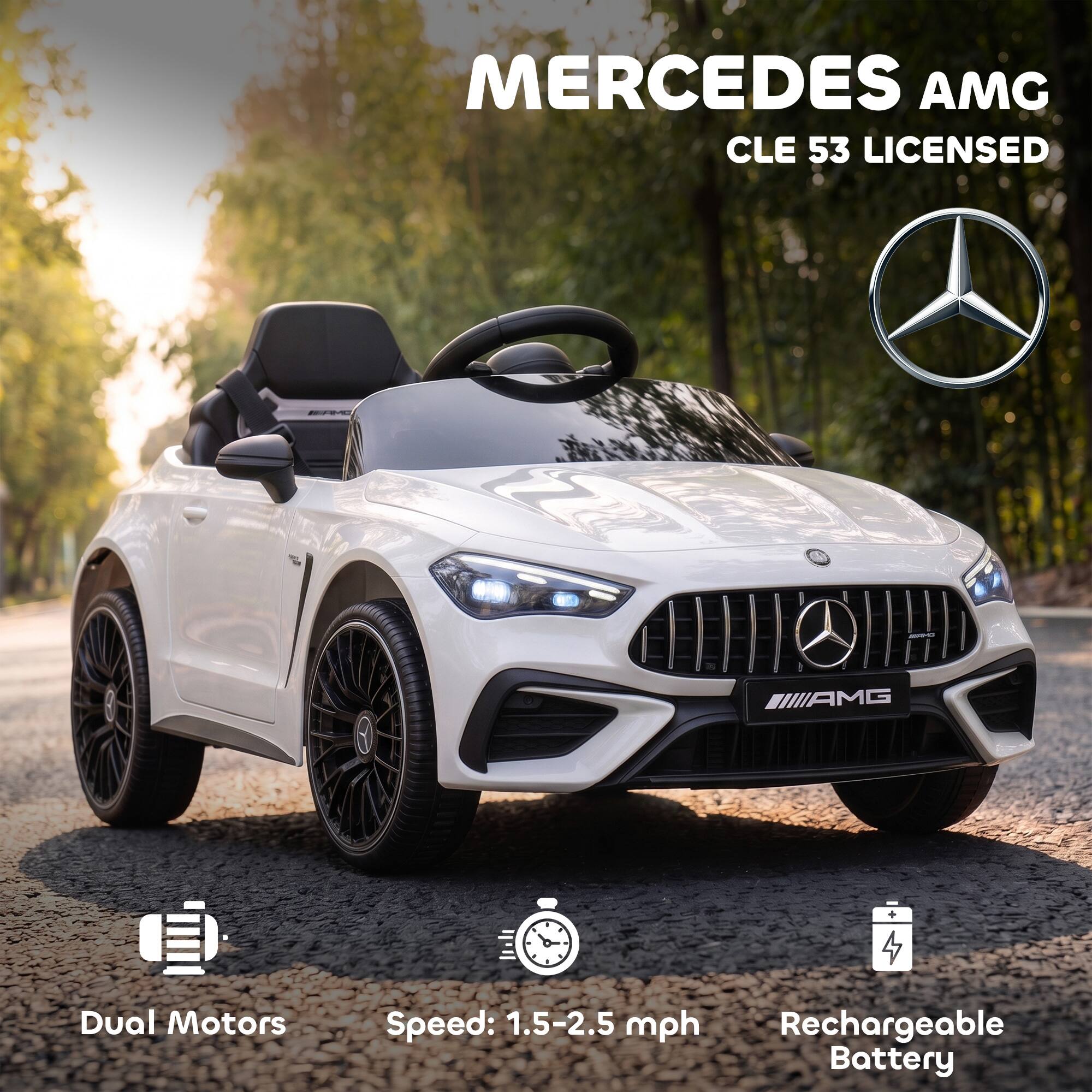 MERCEDES AMG  
CLE 53 LICENSED  

Dual Motors  
Speed: 1.5-2.5 mph  
Rechargeable Battery