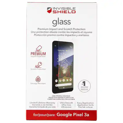 INVISIBLE SHIELD glass Premium Impact and Scratch Protection
Une protection élevée contre les impacts et rayures
Protección premia contra impactos y arañazos
PREMIUM Impact Protection
Scratch Protection
Smudge Resistant
#1 SELLING SCREEN PROTECTION
CASE-FRIENDLY COVERAGE
PROTECTION ADAPTE A CHAQUE CAS
COBERTURA COMPATIBLE CON LA FUNDA
Limited Lifetime Warranty
Garantie à vie limitée
Garantía limitada de por vida
Ultra Smooth
Easy Application
Ultra lisse
Application facile
Ultrasuave
Fácil de colocar
for/pour/para: Google Pixel 3a