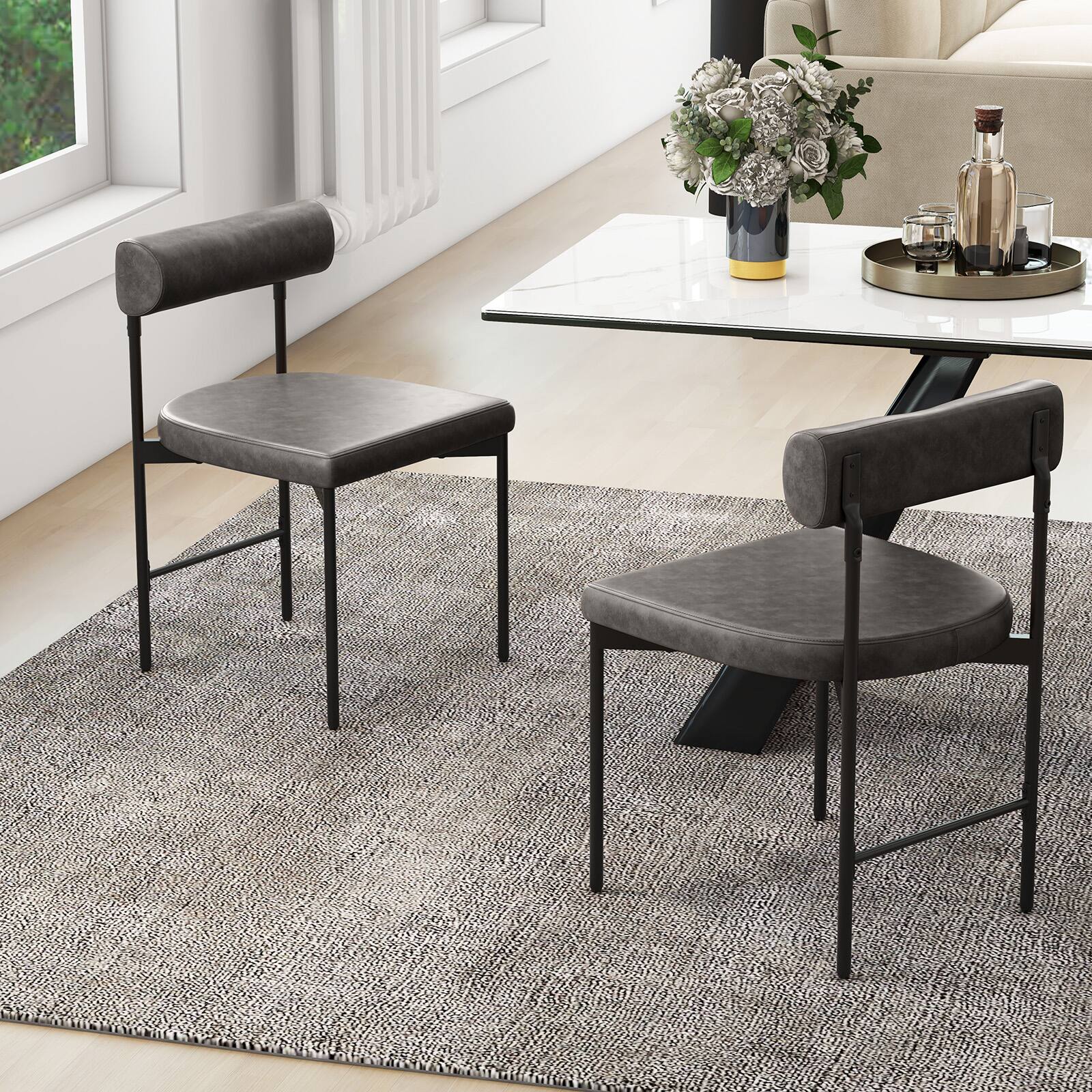 Alt View 1. Gymax - Gymax Dining Chair Set of 2 Faux Leather Upholstered Kitchen Side Chair w/ Curved Grey - Grey.