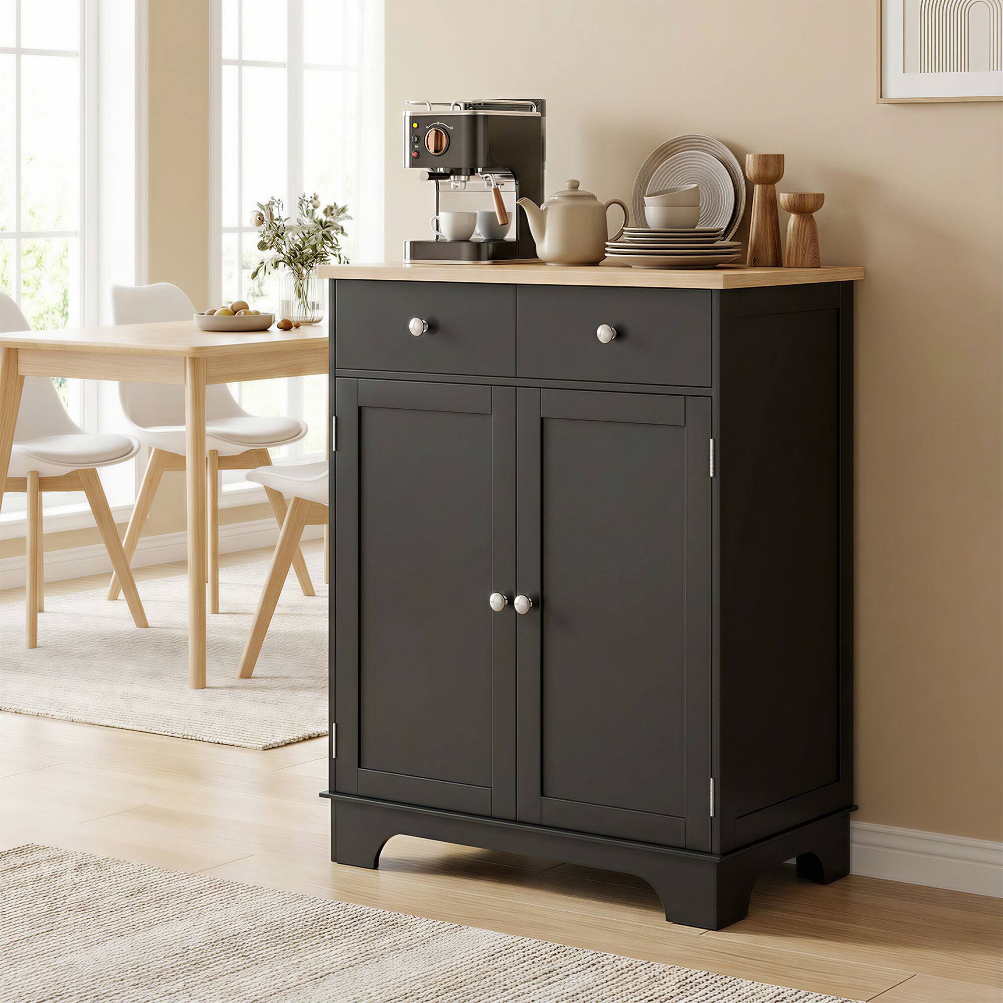 Alt View 1. Homcom - Storage Cabinet, Sideboard Floor Cupboard with Solid Wood Top, Adjustable Shelf - Black.