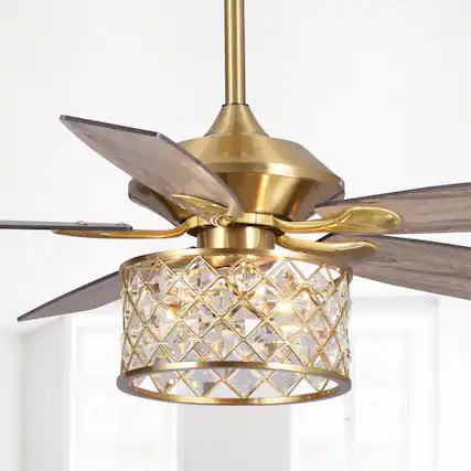 Front. Parrot Uncle - 52" Modern Wood 5-Blade Gold Crystal Ceiling Fan Fandelier with Remote and Light Kit - Gold.