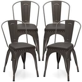 Costway - Stackable Metal Dining Chairs Set of 4 with Backrest & PU Leather Padded Seat - Gray