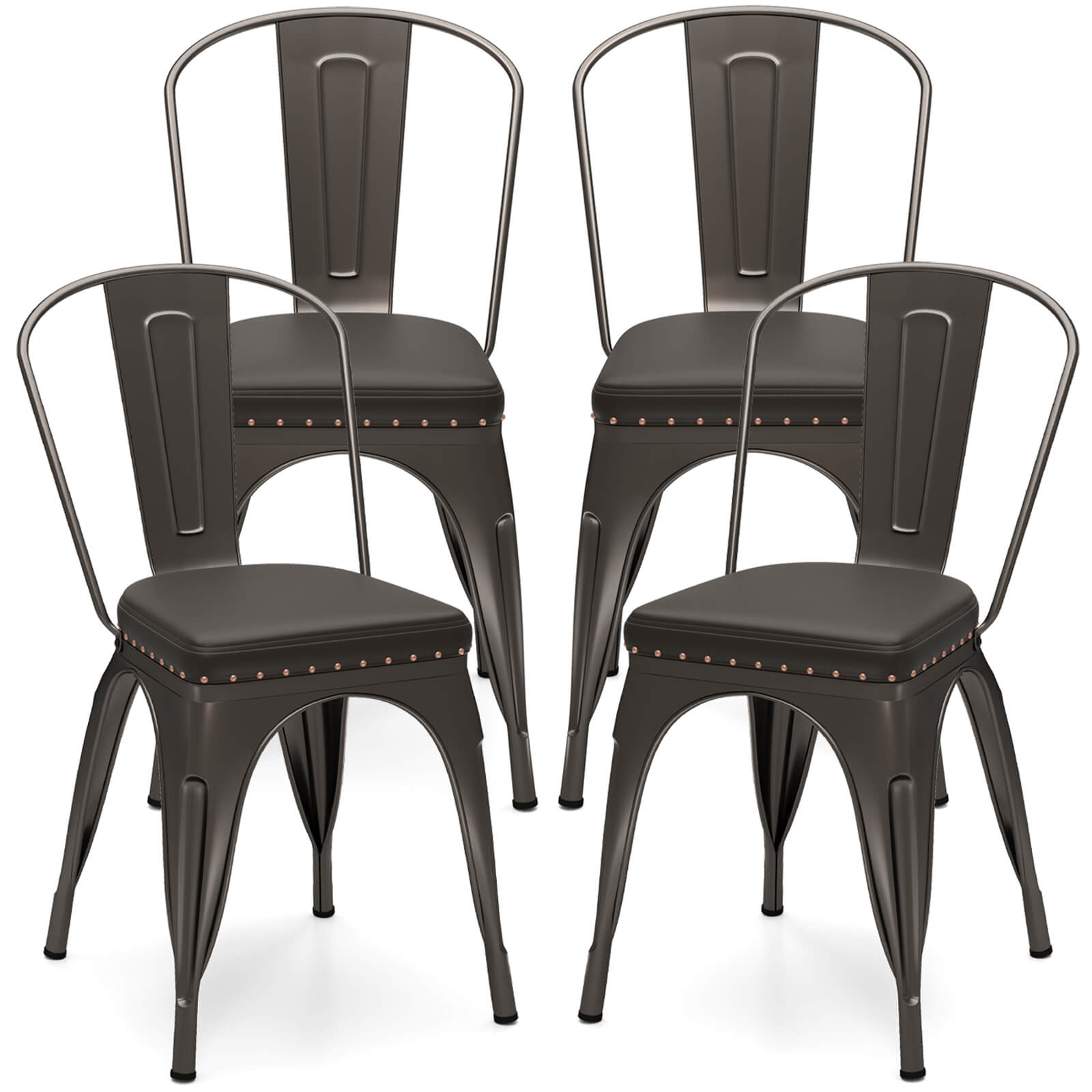 Front. Costway - Costway Stackable Metal Dining Chairs Set of 4 with Backrest & PU Leather Padded Seat - Gray.