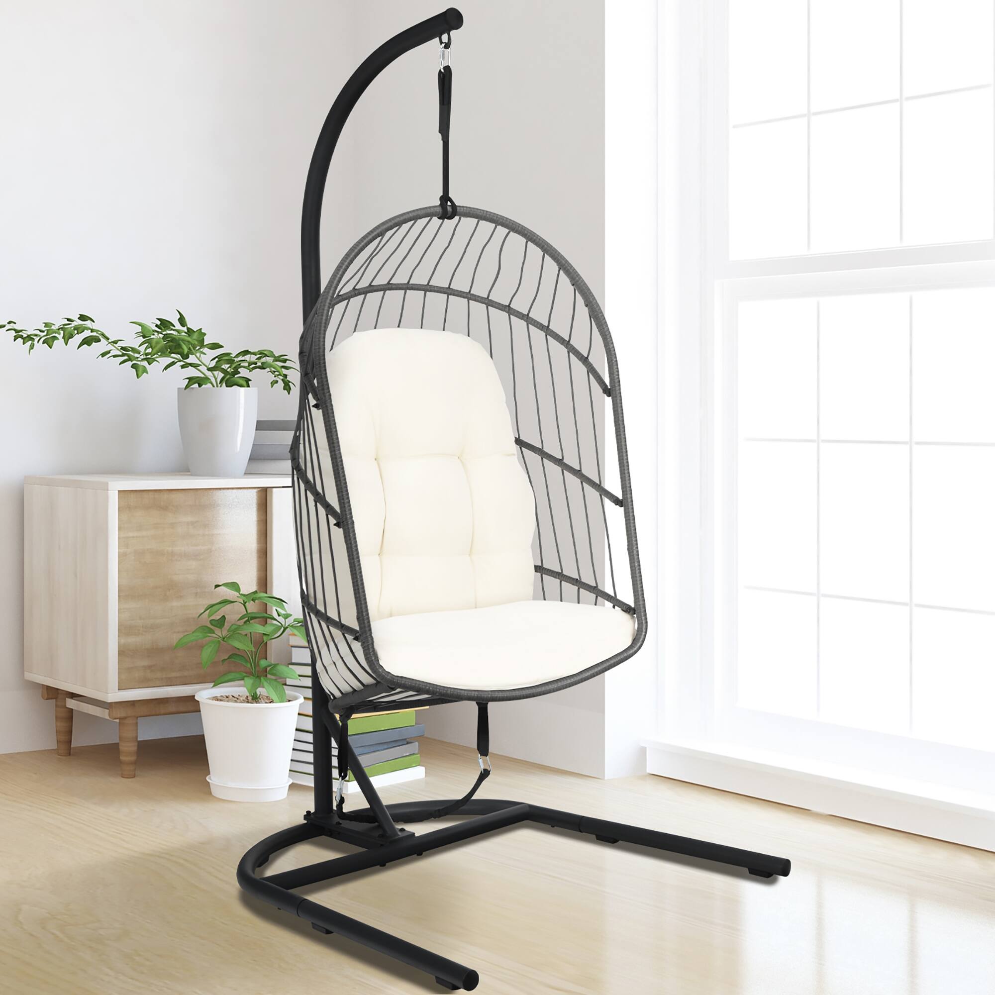 Alt View 1. Costway - Costway Hanging Wicker Egg Chair w/ Stand Cushion Foldable Outdoor Indoor - Beige.