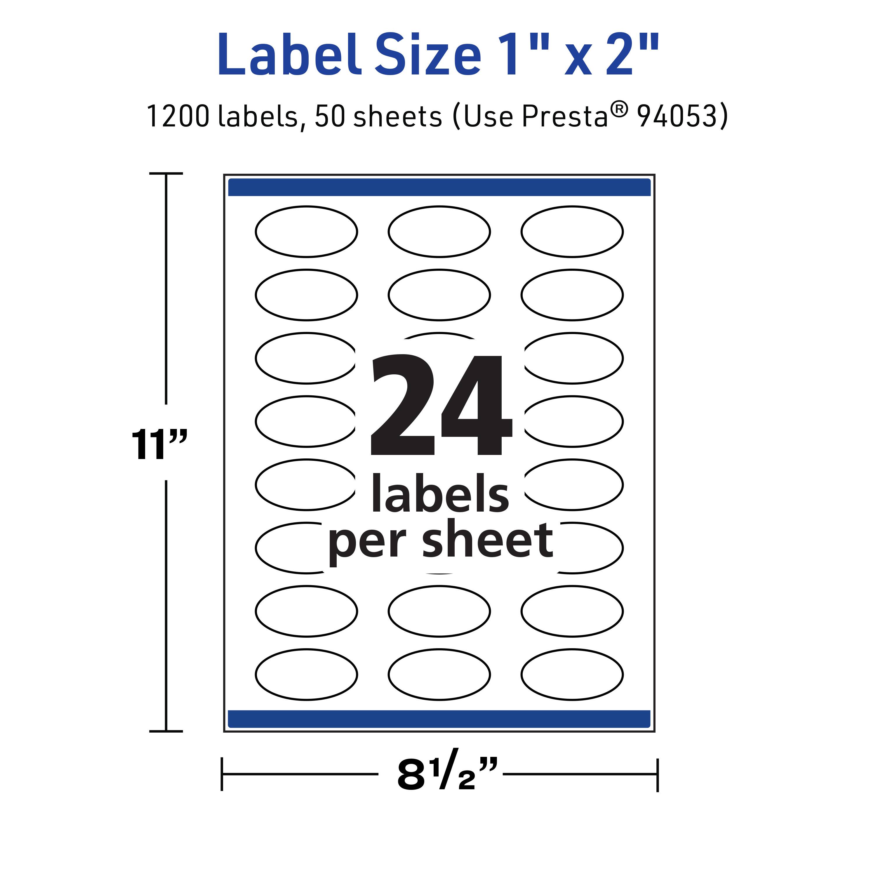 Label Size 1" x 2"  
1200 labels, 50 sheets (Use Presta® 94053)  
24 labels per sheet  
11" x 8½"