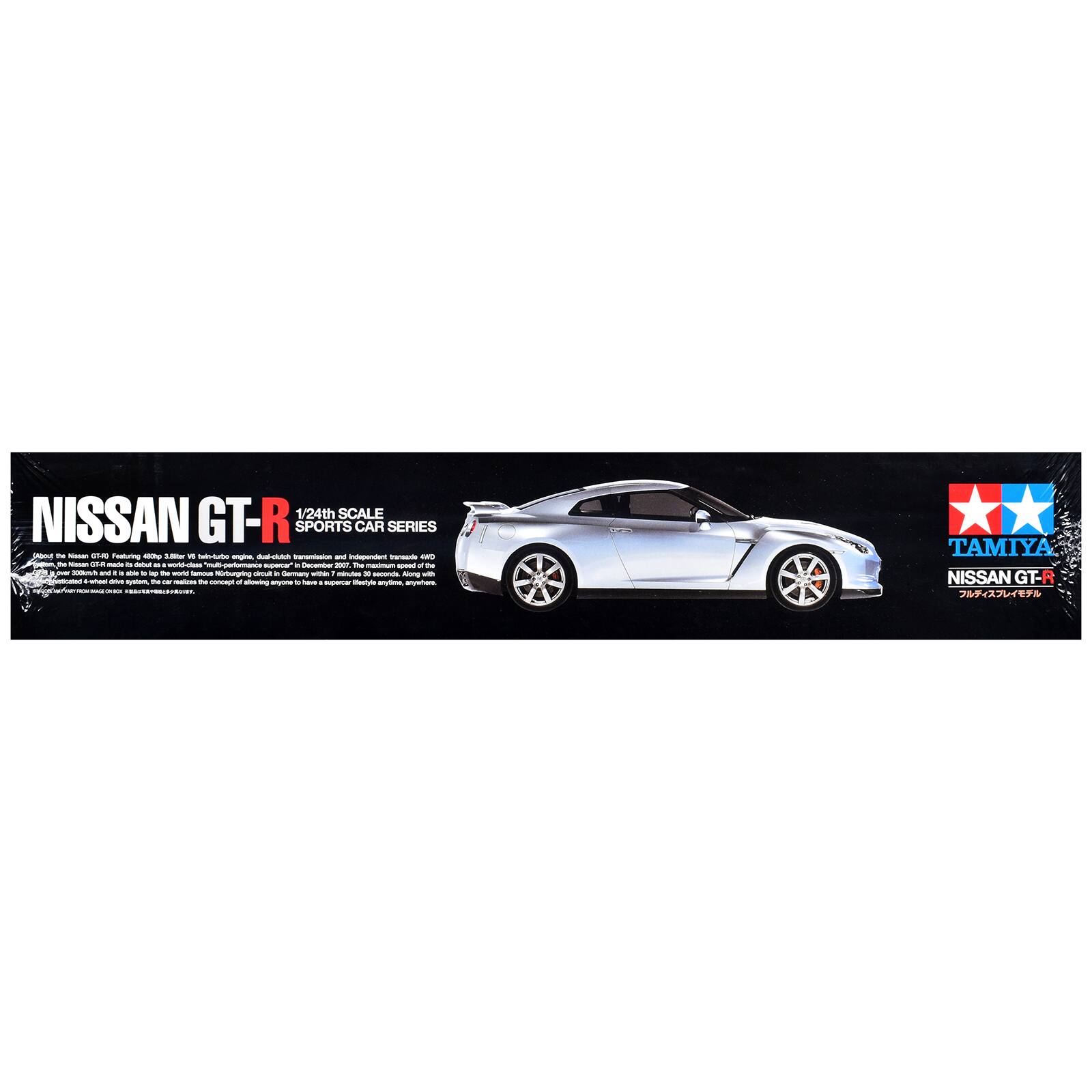 1/24th SCALE NISSAN GT-R SPORTS CAR SERIES

The Nissan GT-R (R35) featuring a 480g 3.8-liter V6 twin-turbo engine, dual-clutch transmission, and independent transaxle 4WD. The Nissan GT-R made its debut in December 2007. With a maximum speed of over 300km/h and 500hp, it is the world's fastest production car. It is able to lap the world-famous Nürburgring in Germany within 7 minutes 31 seconds. Along with the mechatronic wheel system, the GT-R embodies the concept of allowing anyone to have a supercar lifestyle anytime, anywhere.

TAMIYA NISSAN GT-R