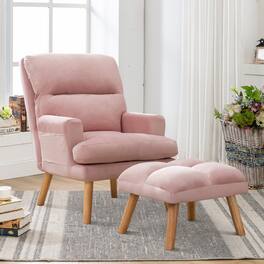 Bestier - Accent Chairs with Ottoman, Velvet Fabric Armchair for Living Room, Recliner Lounge Chair with Side Pocket - Pink
