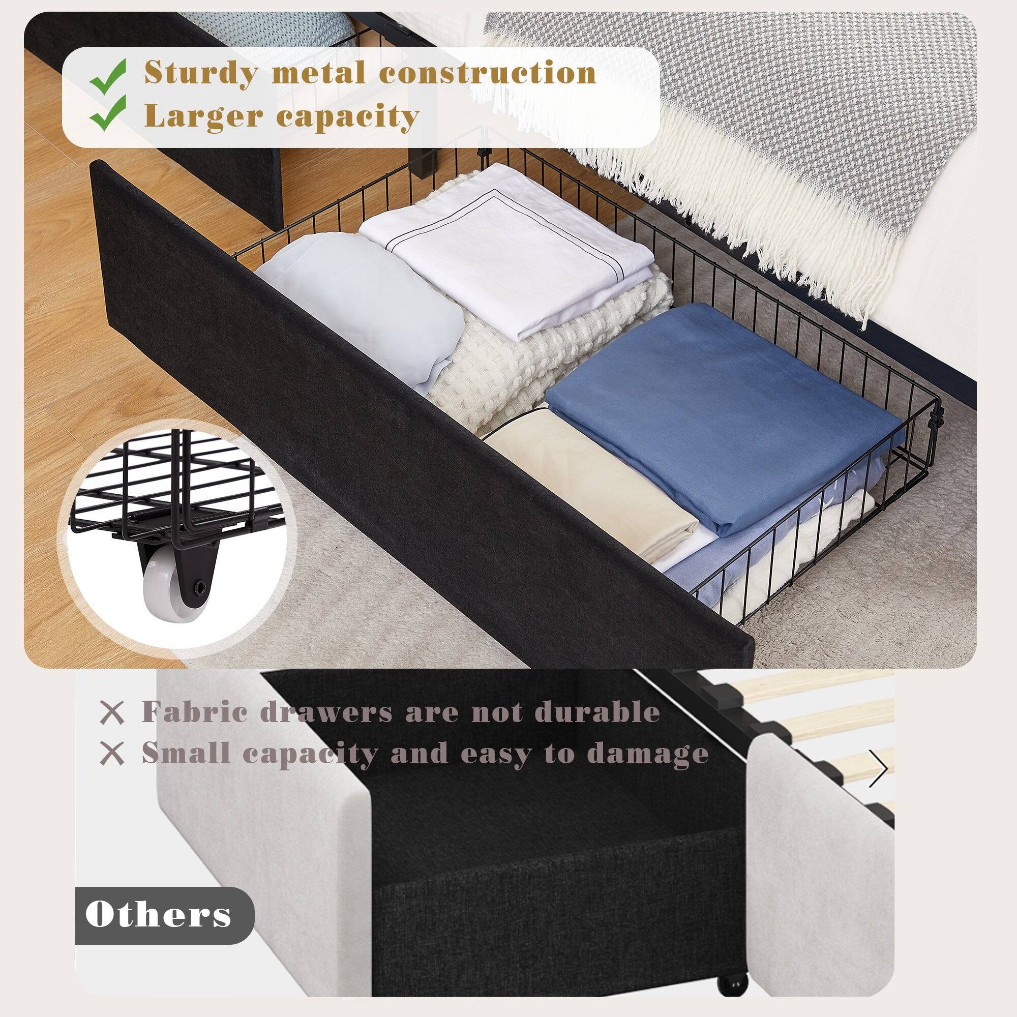 - Sturdy metal construction
- Larger capacity

- Fabric drawers are not durable
- Small capacity and easy to damage

Others