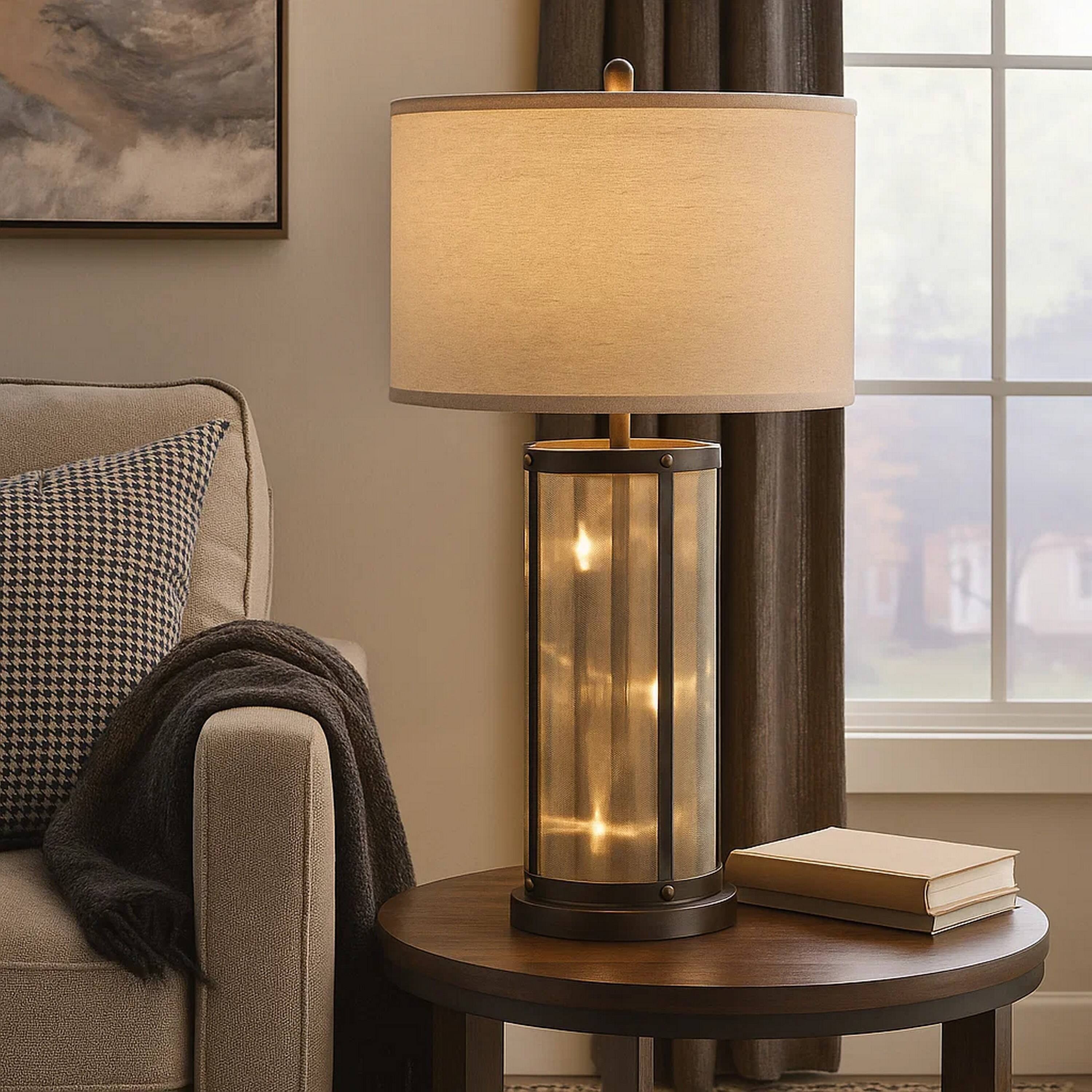 Alt View 3. Manhattan Lane - 31 Inch Table Lamp, Classic Drum Fabric Shade, Modern Metal Base - Bronze, Brown.