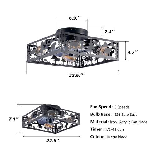 6.9" 2.4" 4.7" 22.6" 7.1"  
Fan Speed: 6 Speeds  
Bulb Base: E26  
Bulb Base Material: Iron  
Iron+Acrylic Fan Blade  
Timer: 1/2/4 hours  
Colour: Matte black