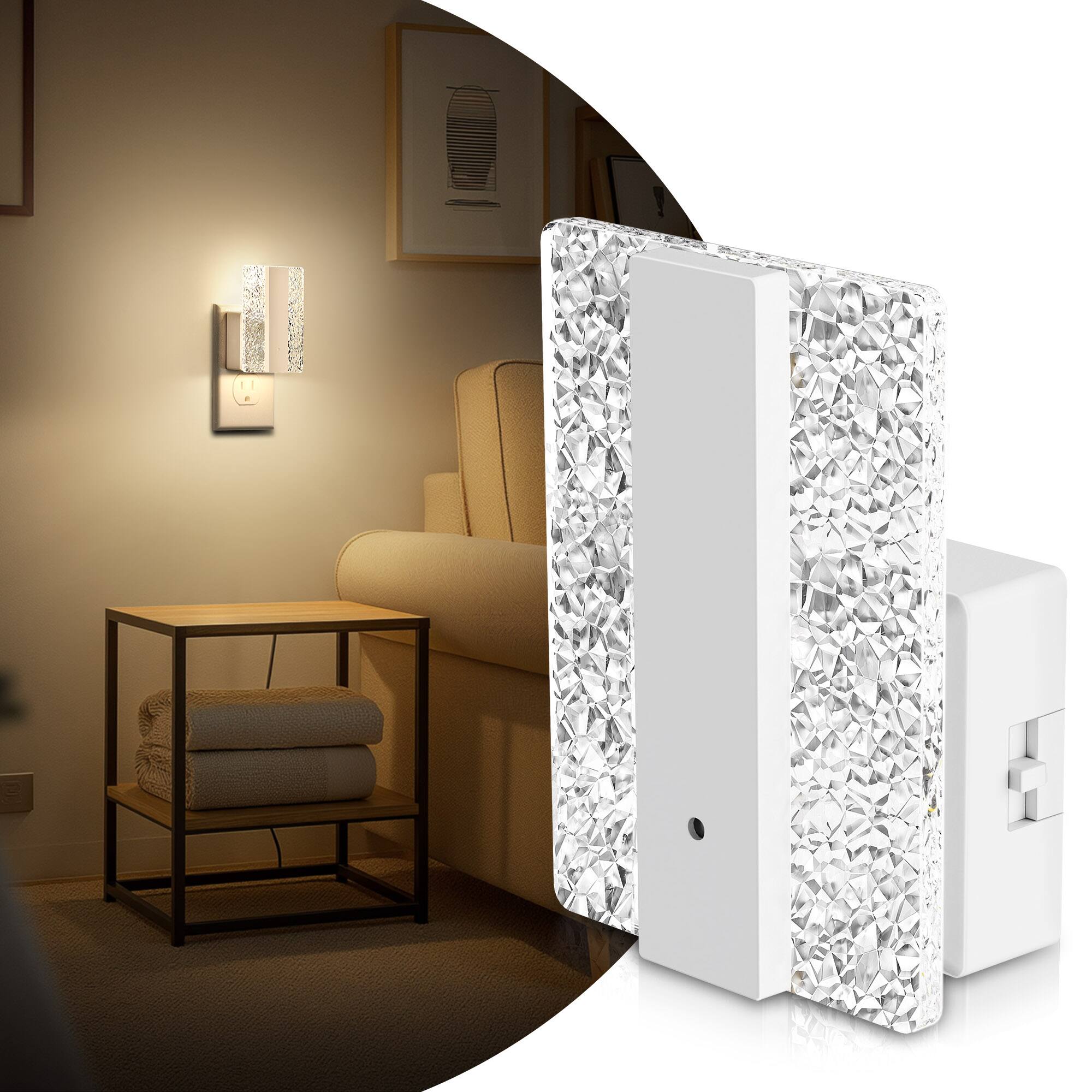 Angle. Jandcase - JANDCASE 1W  Plug-in Night Light, 3000K Warm Glow, Crushed Acrylic Square Design,  0-100%, Dusk-to-Dawn Sensor - White.