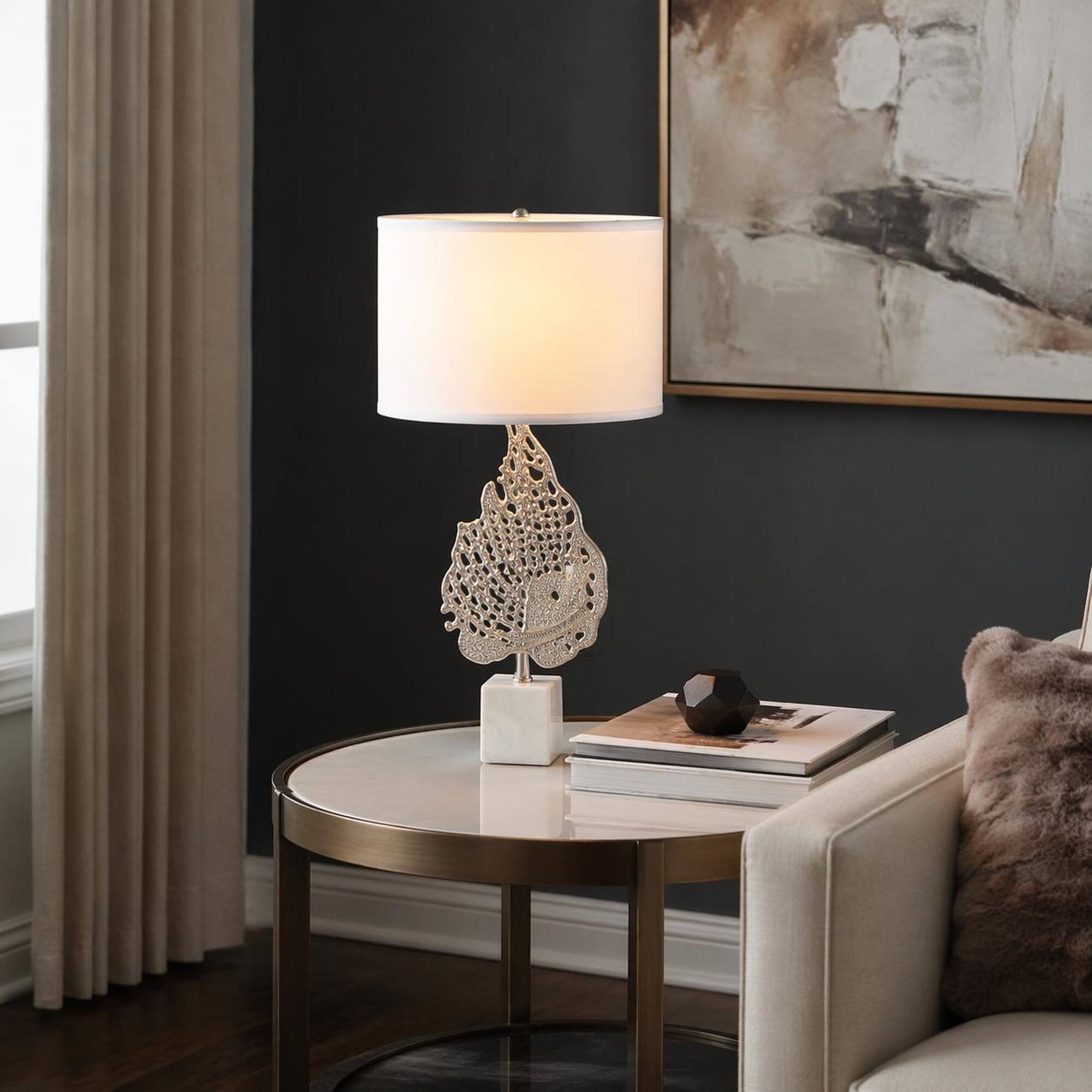 Angle. RYHNUYNE - Modern White and Silver Leaf Table Lamp with Marble Cube Base and Drum Shade, 15 x 29.3 Inches, for Bedside, Desk - White.
