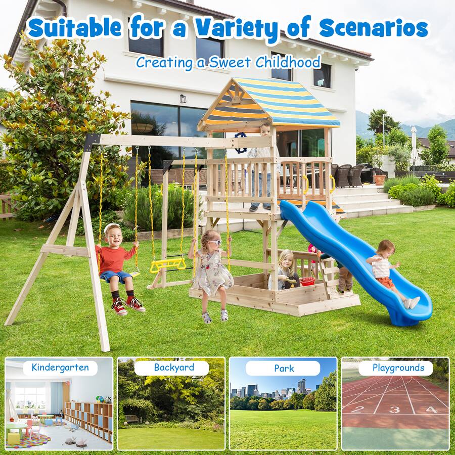 Outdoor Activity Set Costway Backyard Wooden Swing Set Slide Playset for Kids Outdoor ...