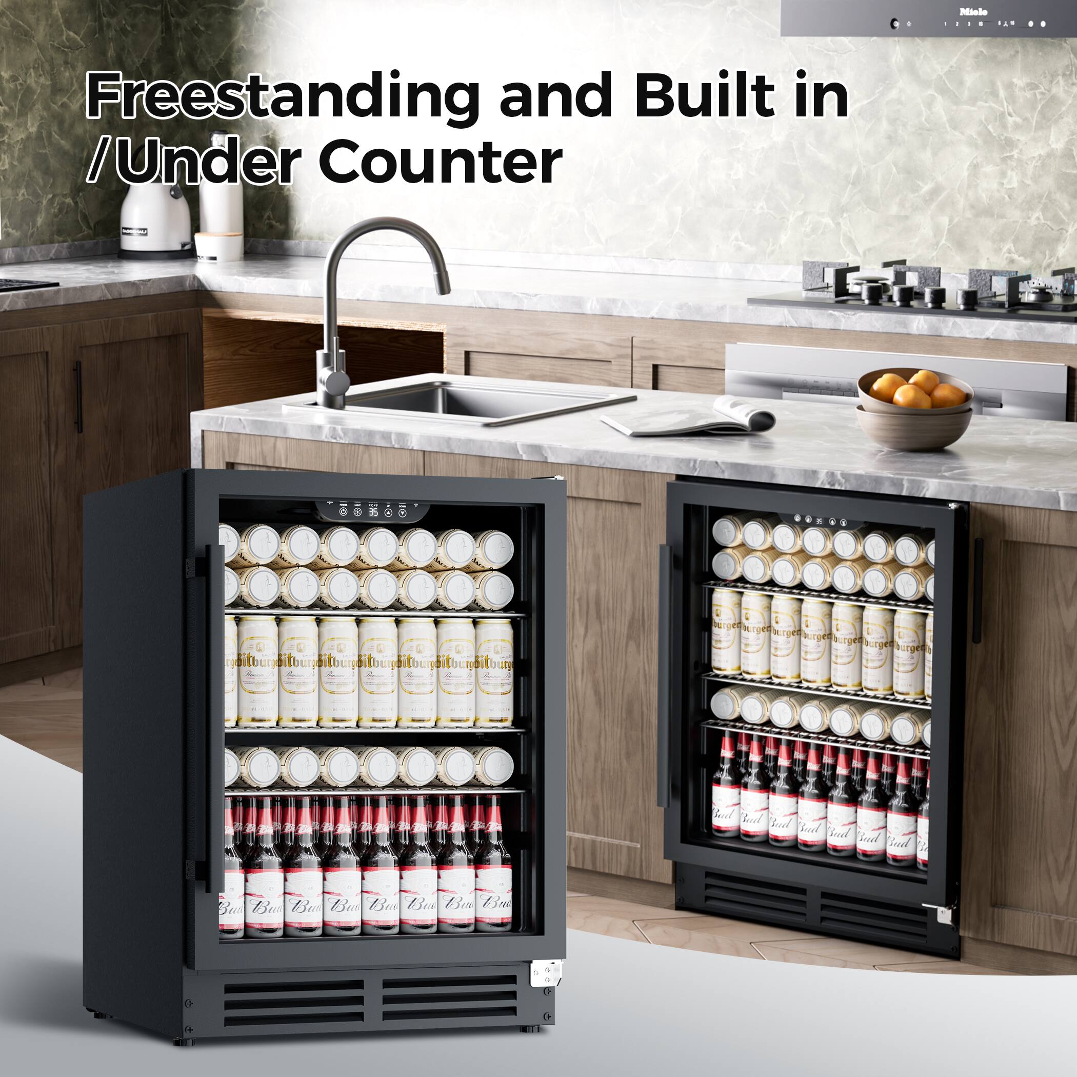 Coolake 24 Inch Under Counter Beverage Refrigerator, 180 Can Built